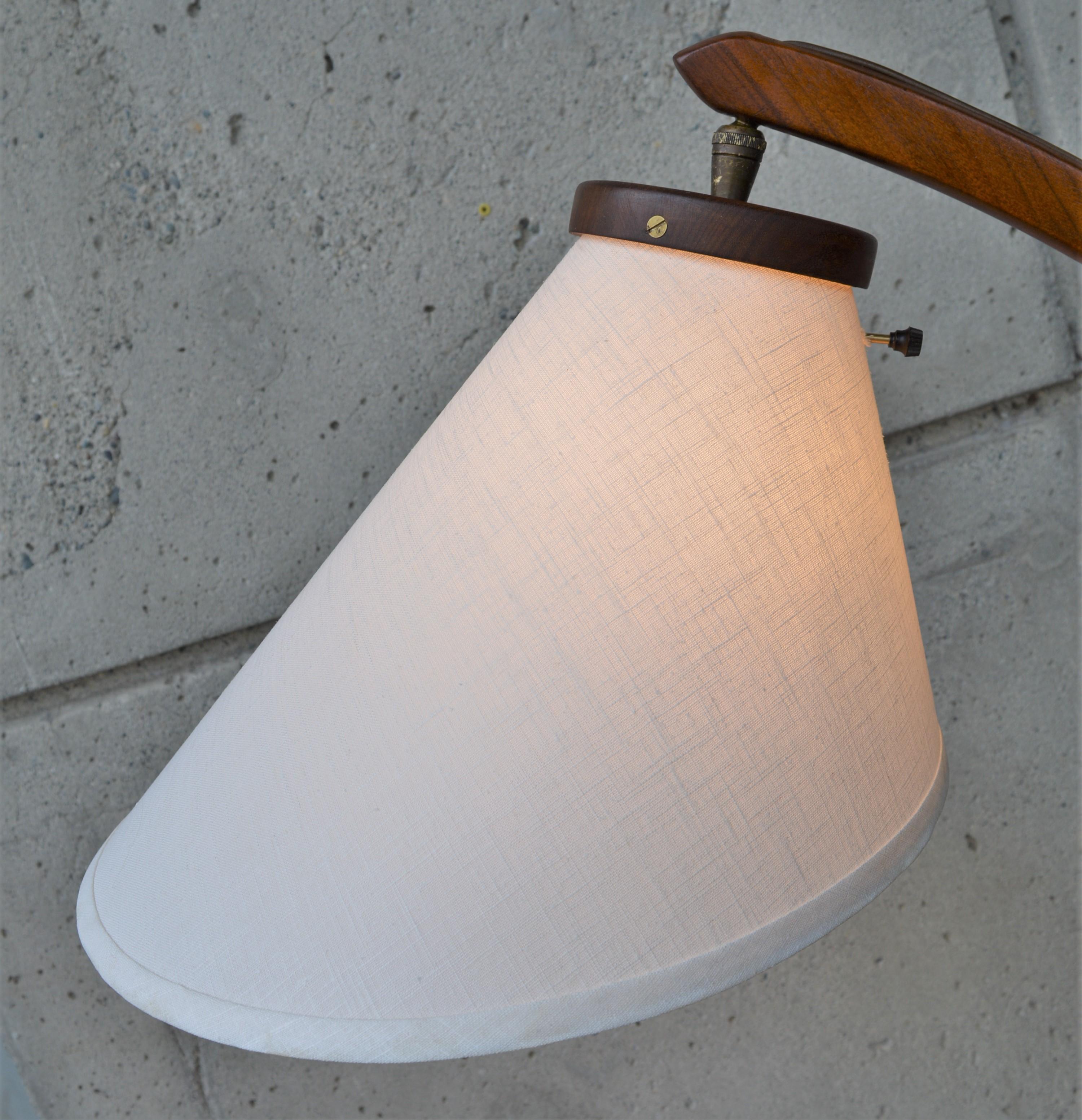 Mid-20th Century Danish Teak Arc or Bow Tripod Floor Lamp with New Bonnet Shade, Rispal Style