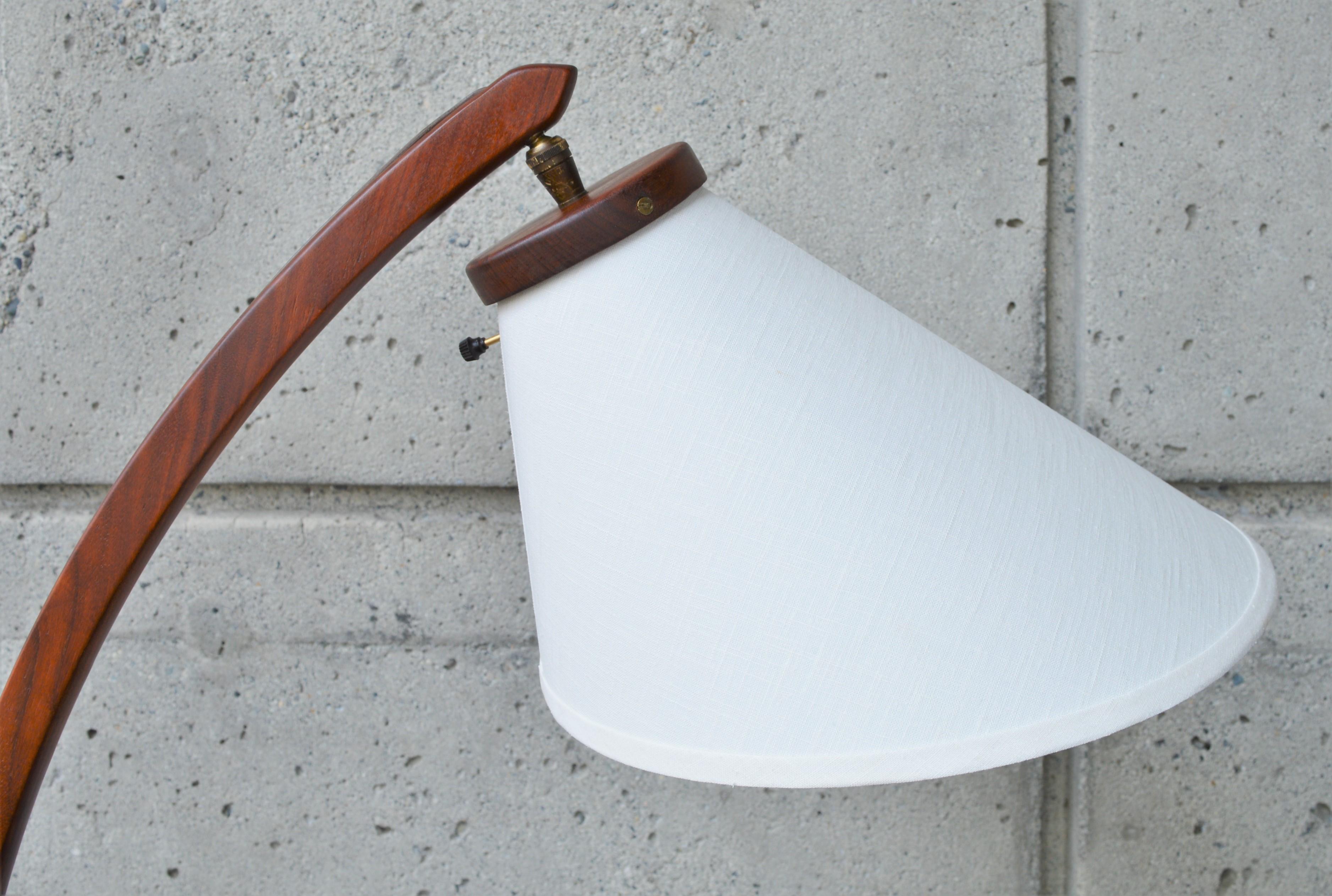 Linen Danish Teak Arc or Bow Tripod Floor Lamp with New Bonnet Shade, Rispal Style