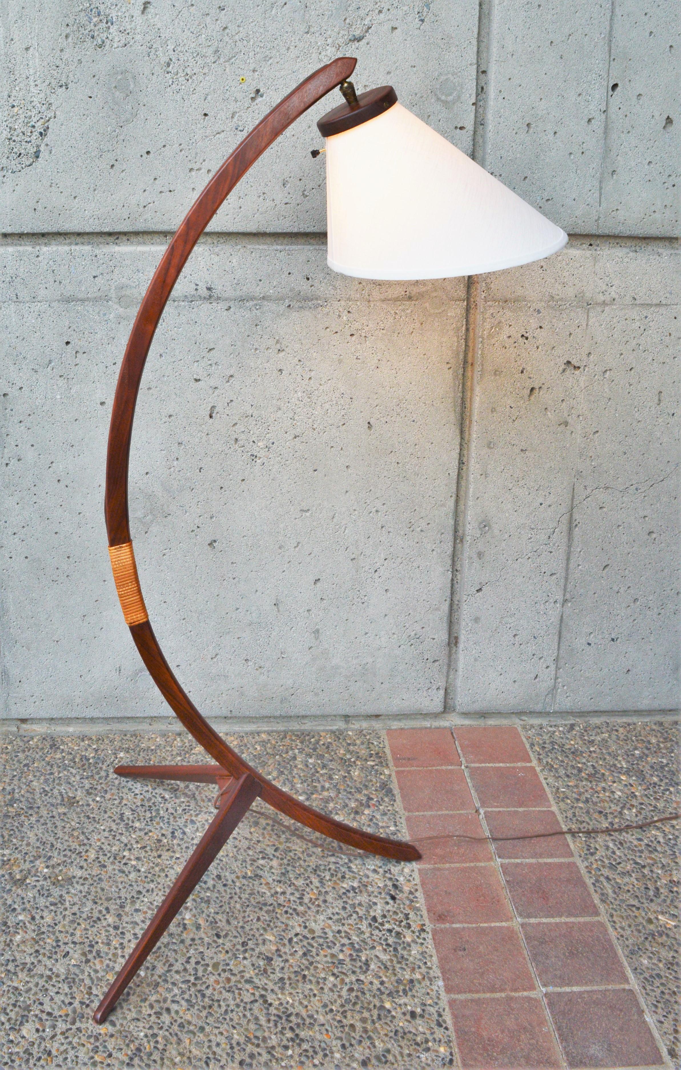 Danish Teak Arc or Bow Tripod Floor Lamp with New Bonnet Shade, Rispal Style 1