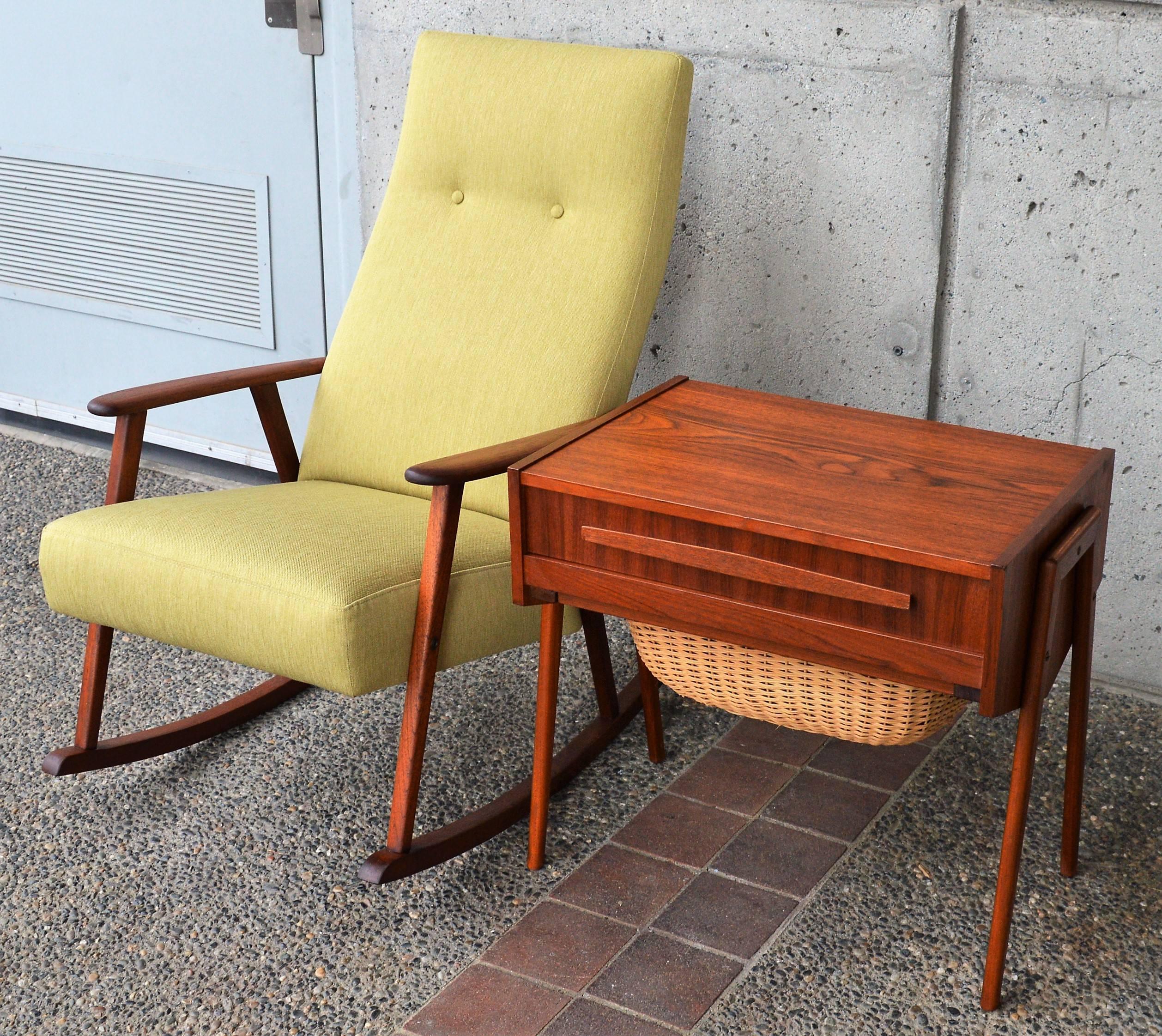 Mid-Century Modern Danish Teak Atomic Style Side Table with Segmented Drawer and Basket