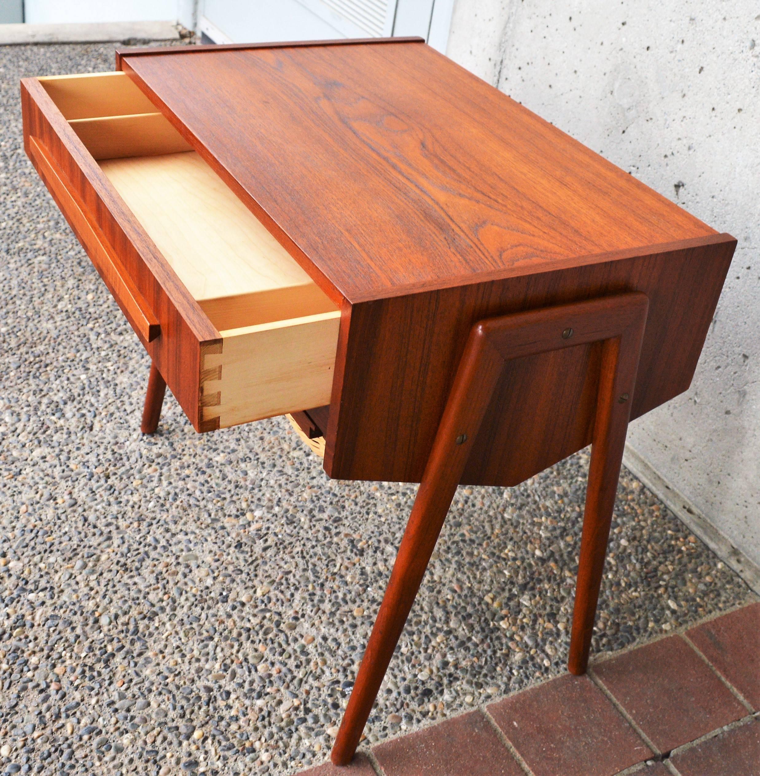 Mid-20th Century Danish Teak Atomic Style Side Table with Segmented Drawer and Basket