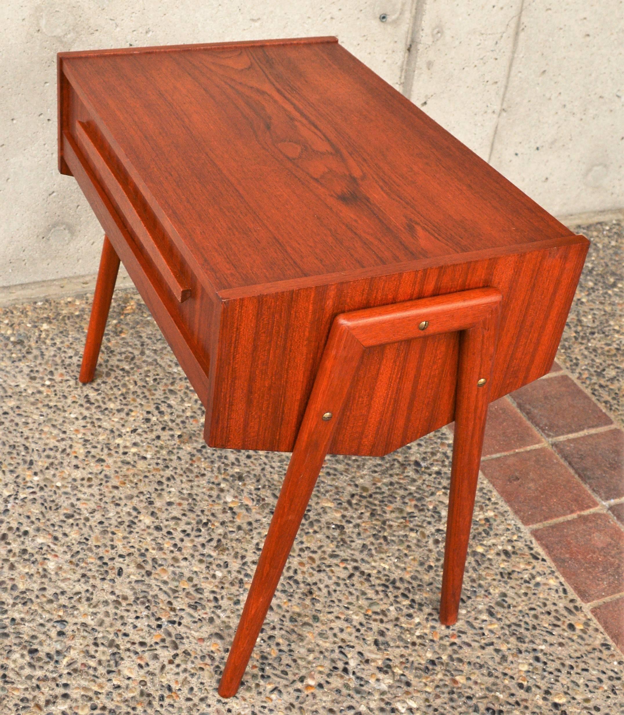 Danish Teak Atomic Style Side Table with Segmented Drawer and Basket 1
