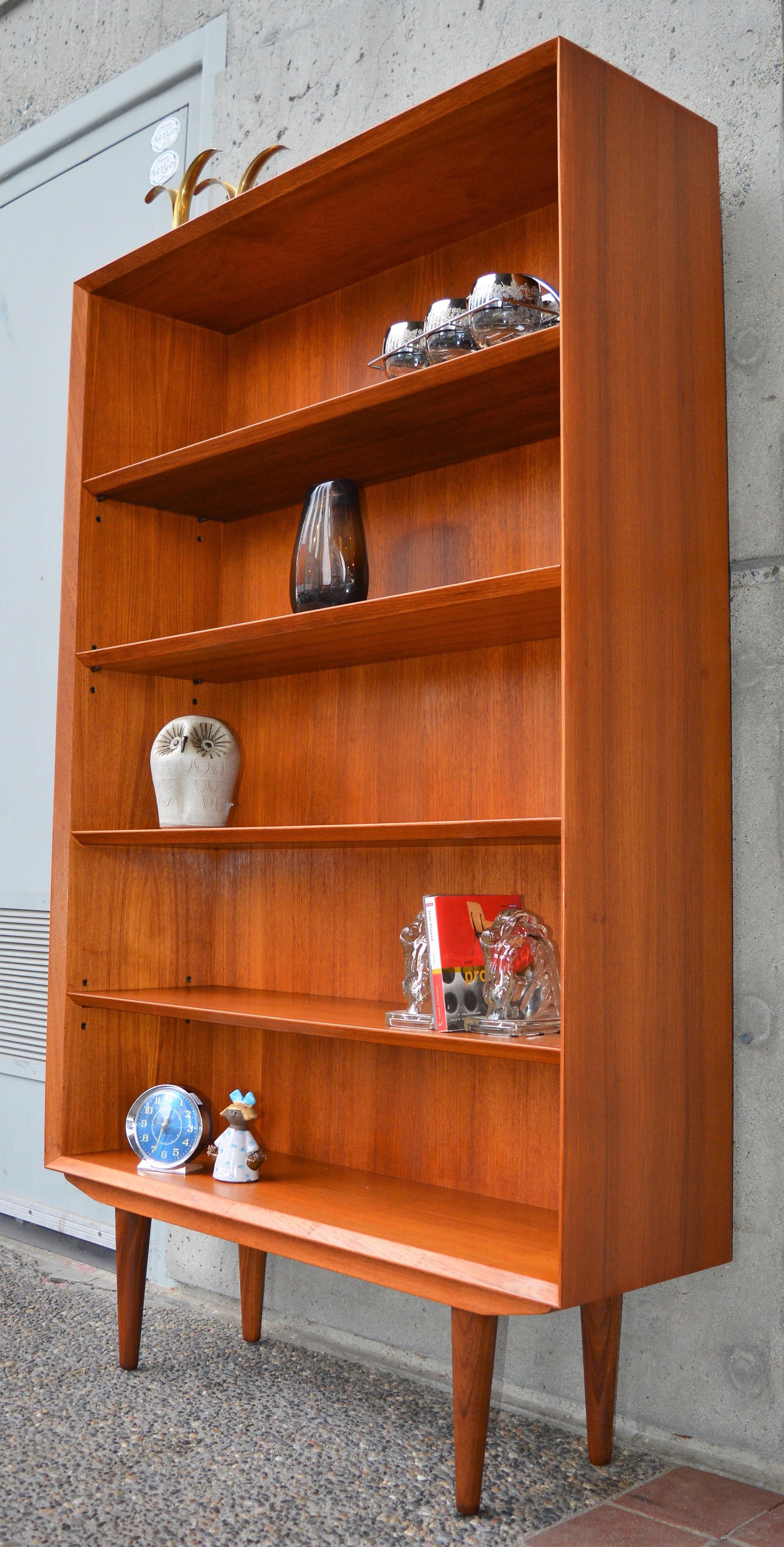 Mid-20th Century Danish Teak Bookcase/Shelf with Mitered Front, Angled Shelf Edges & Conical Legs