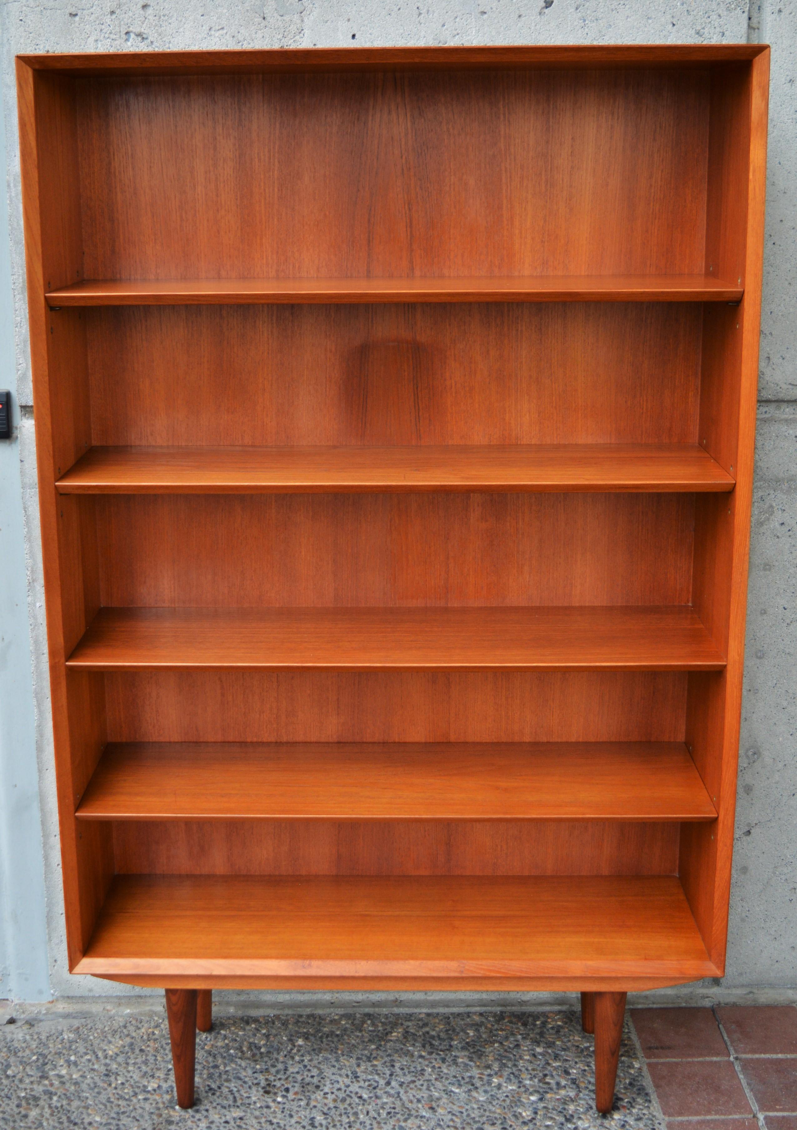 Brass Danish Teak Bookcase/Shelf with Mitered Front, Angled Shelf Edges & Conical Legs