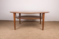 Danish Teak, Brass and Cane FD 515 Round 2-Tier Coffee Table by Peter Hvidt