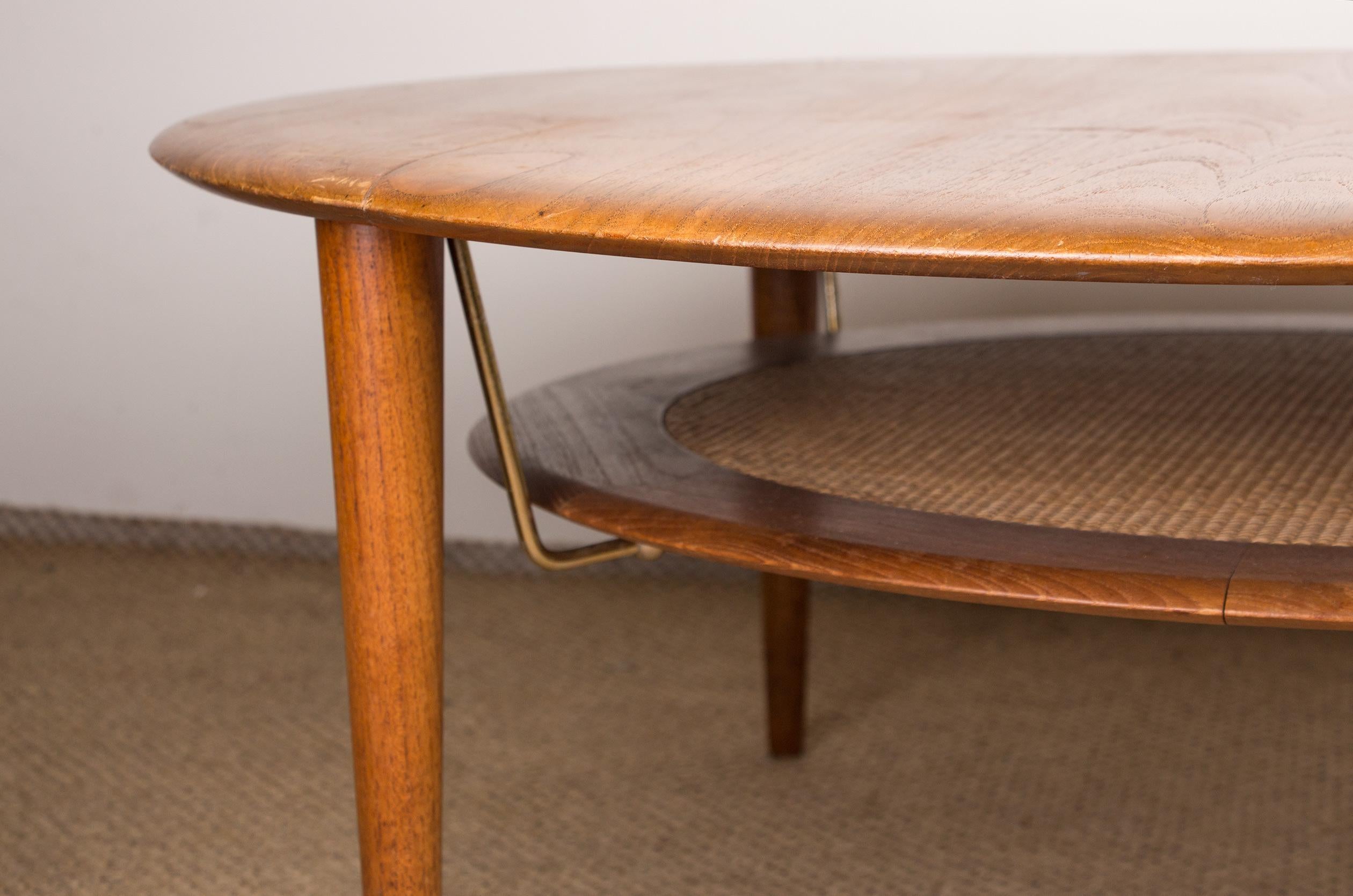 Danish Teak, Brass and Cane FD 515 Round 2-Tier Coffee Table by Peter Hvidt 1