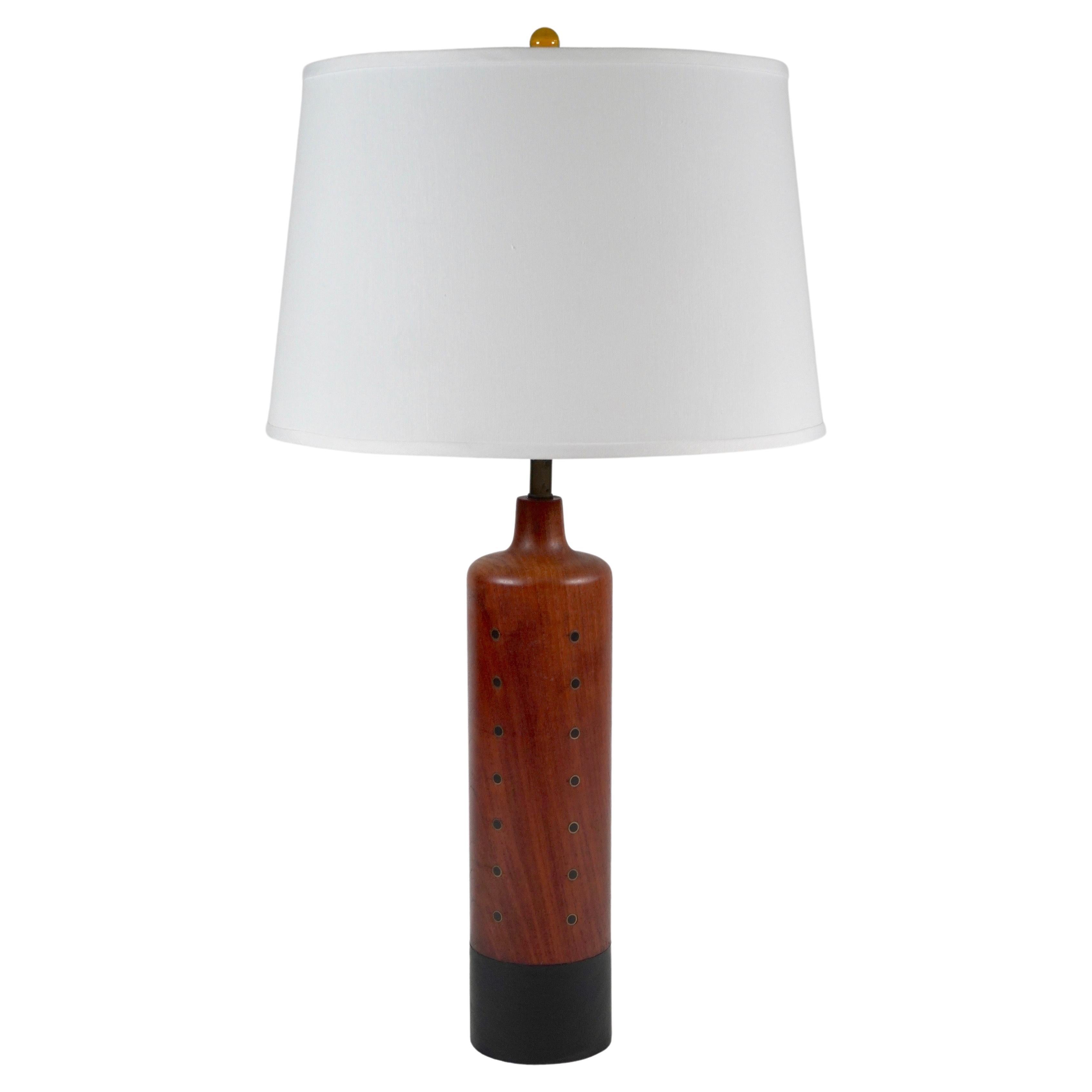 Danish Teak, Brass, Leather & Ebony Table Lamp by H. Paaske For Sale