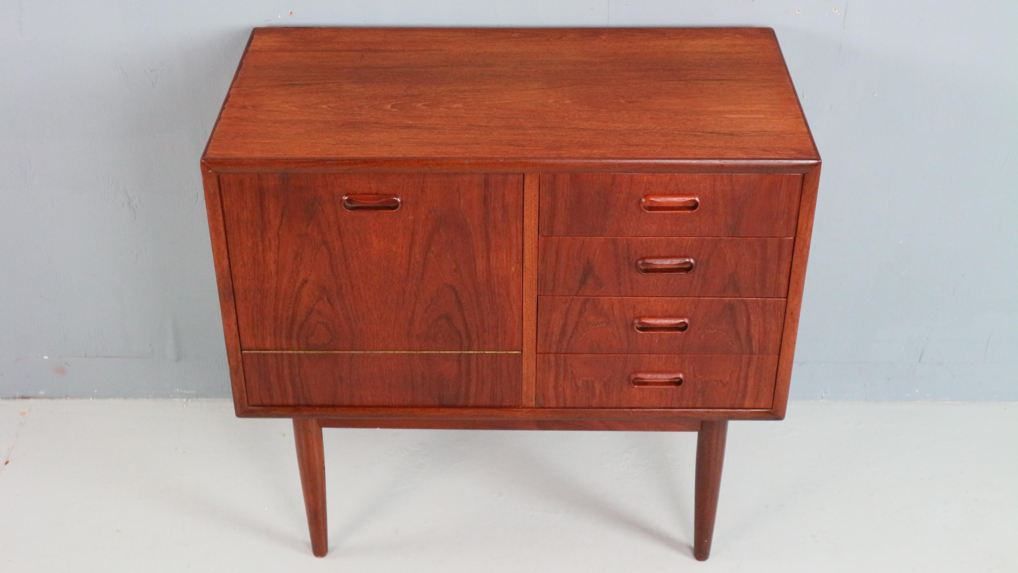 Danish Teak Cabinet with Drawers and Drop-Down Door, 1960s In Good Condition For Sale In The Hague, NL