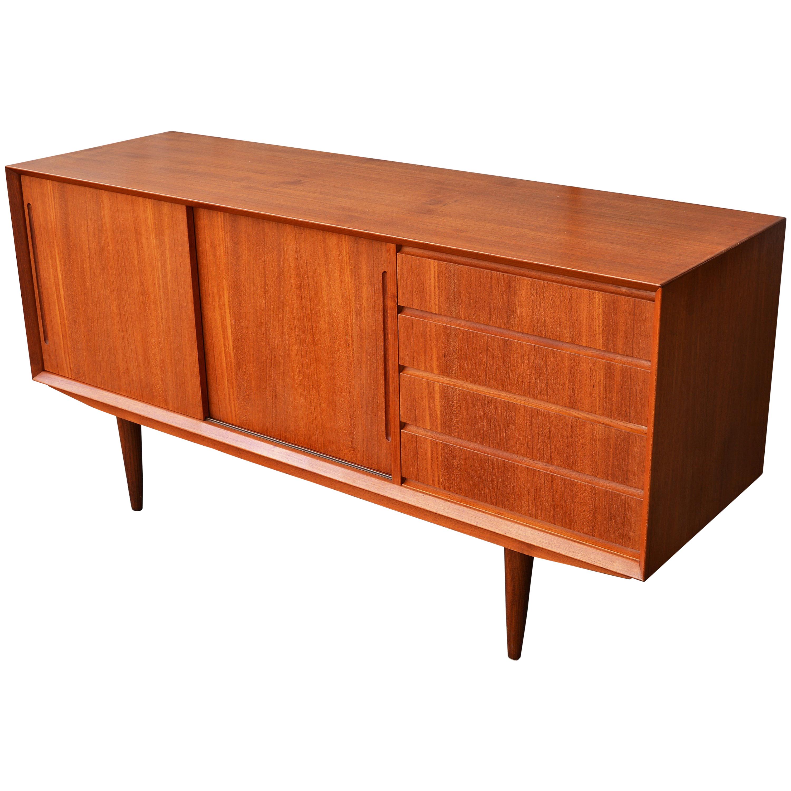 Danish Teak Compact Credenza with Left Bank of Drawers & Two Sliders, Alderslyst