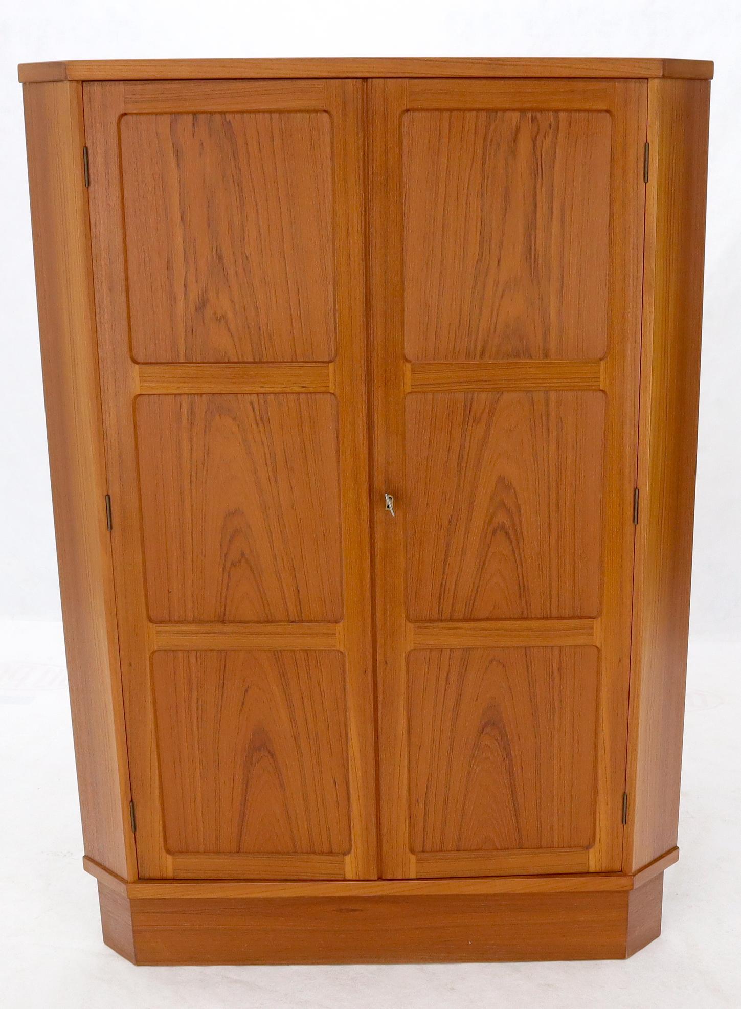 Midcentury Danish modern corner teak liquor cabinet bar cupboard shelves storage.