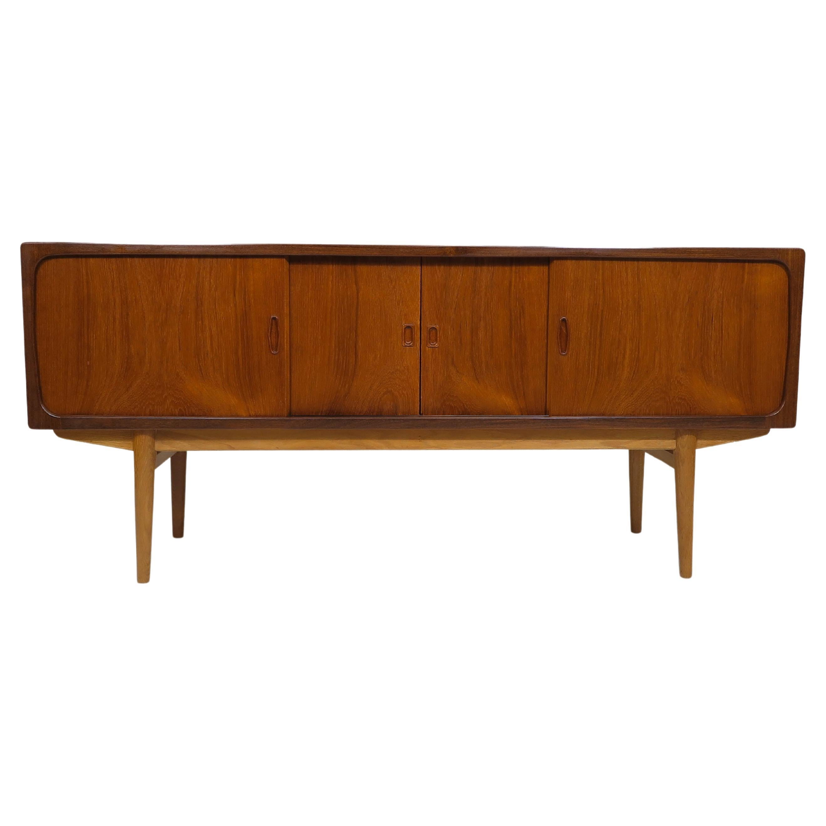 Danish Teak Credenza with Center Mirrored Bar For Sale