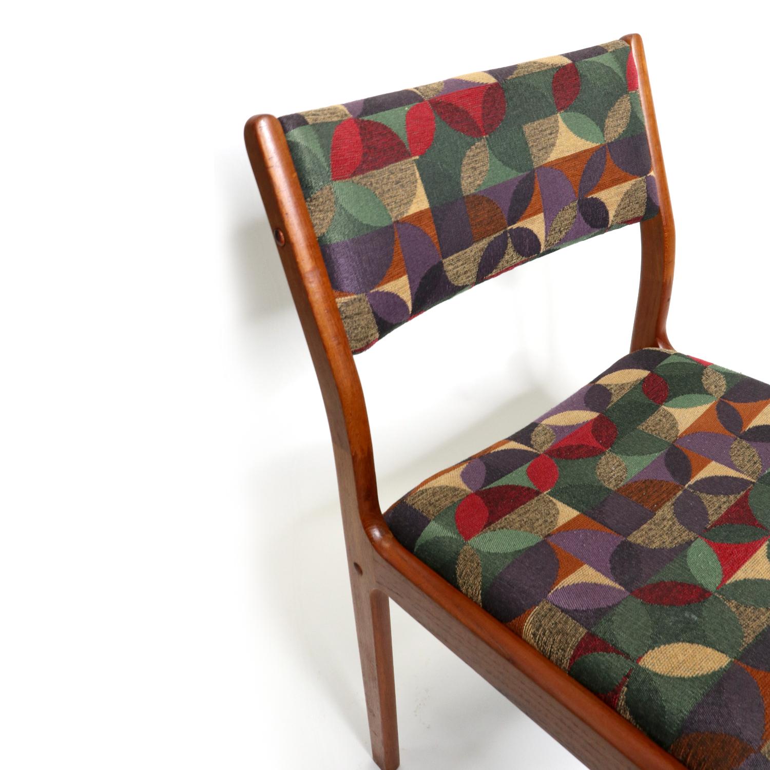 Late 20th Century Danish Teak Dining Chairs in Green Red and Dijon Knoll Fabric