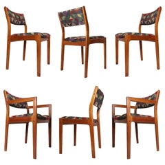 Danish Teak Dining Chairs in Green Red and Dijon Knoll Fabric