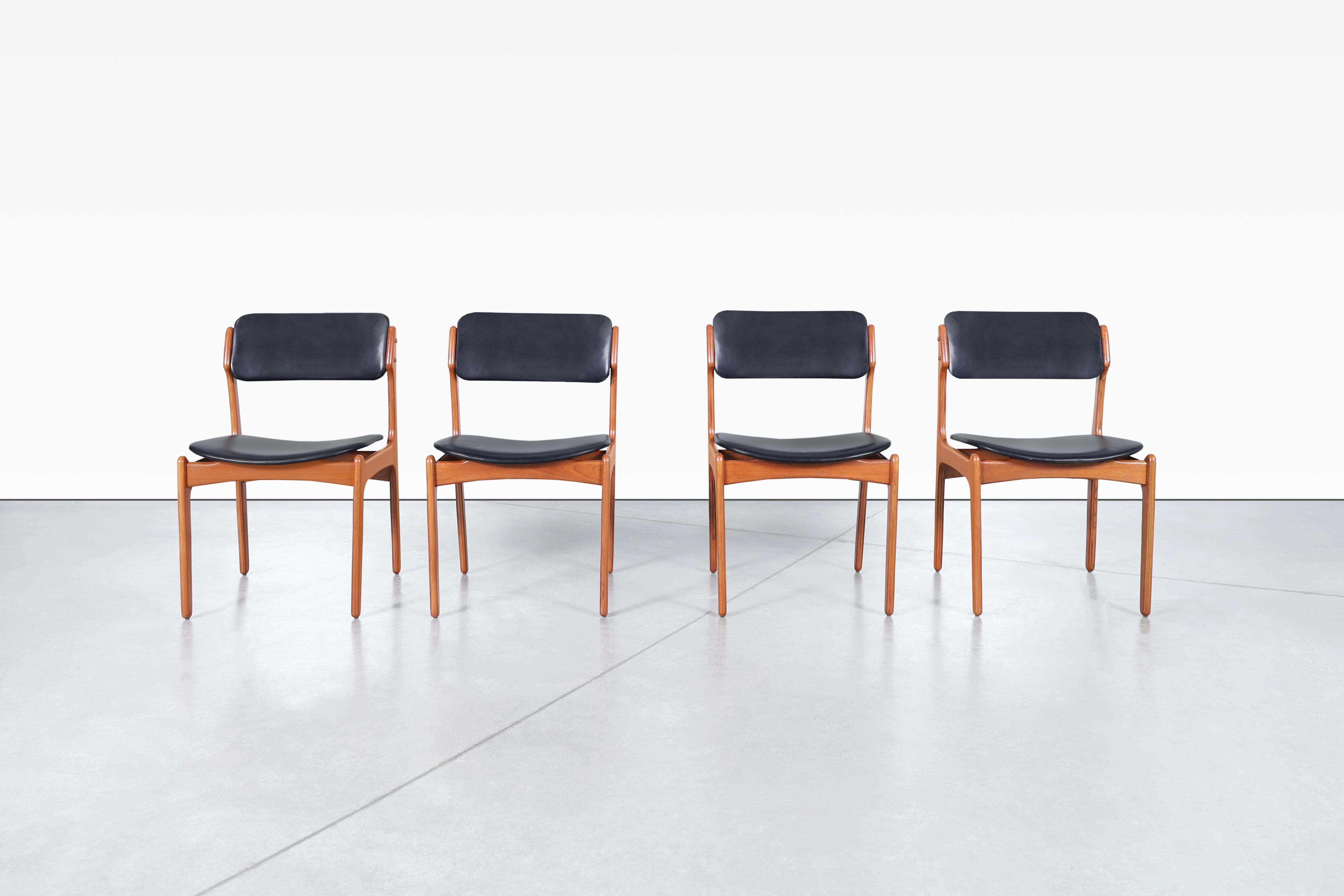 Leather Danish Teak Dining Chairs Model OD-49 by Erik Buch for Oddense Maskinsnedkeri For Sale