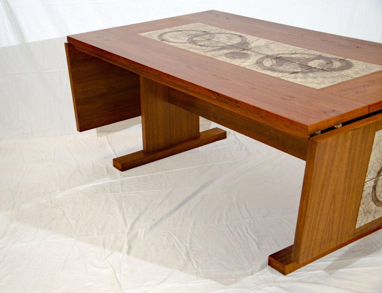 Danish Teak Dining Table with Tile Inserts and Two Extensions at 1stDibs