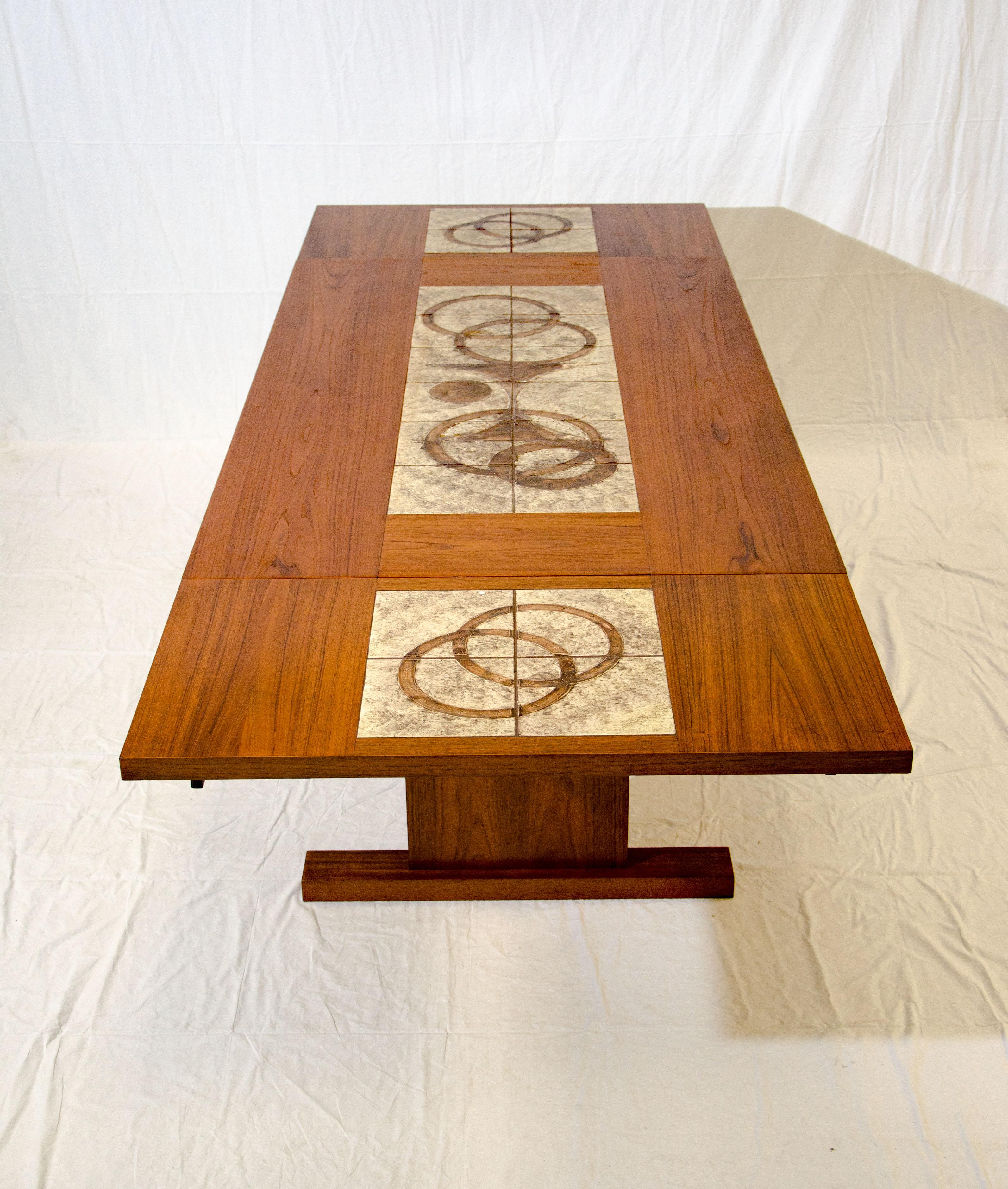 Scandinavian Modern Danish Teak Dining Table with Tile Inserts and Two Extensions