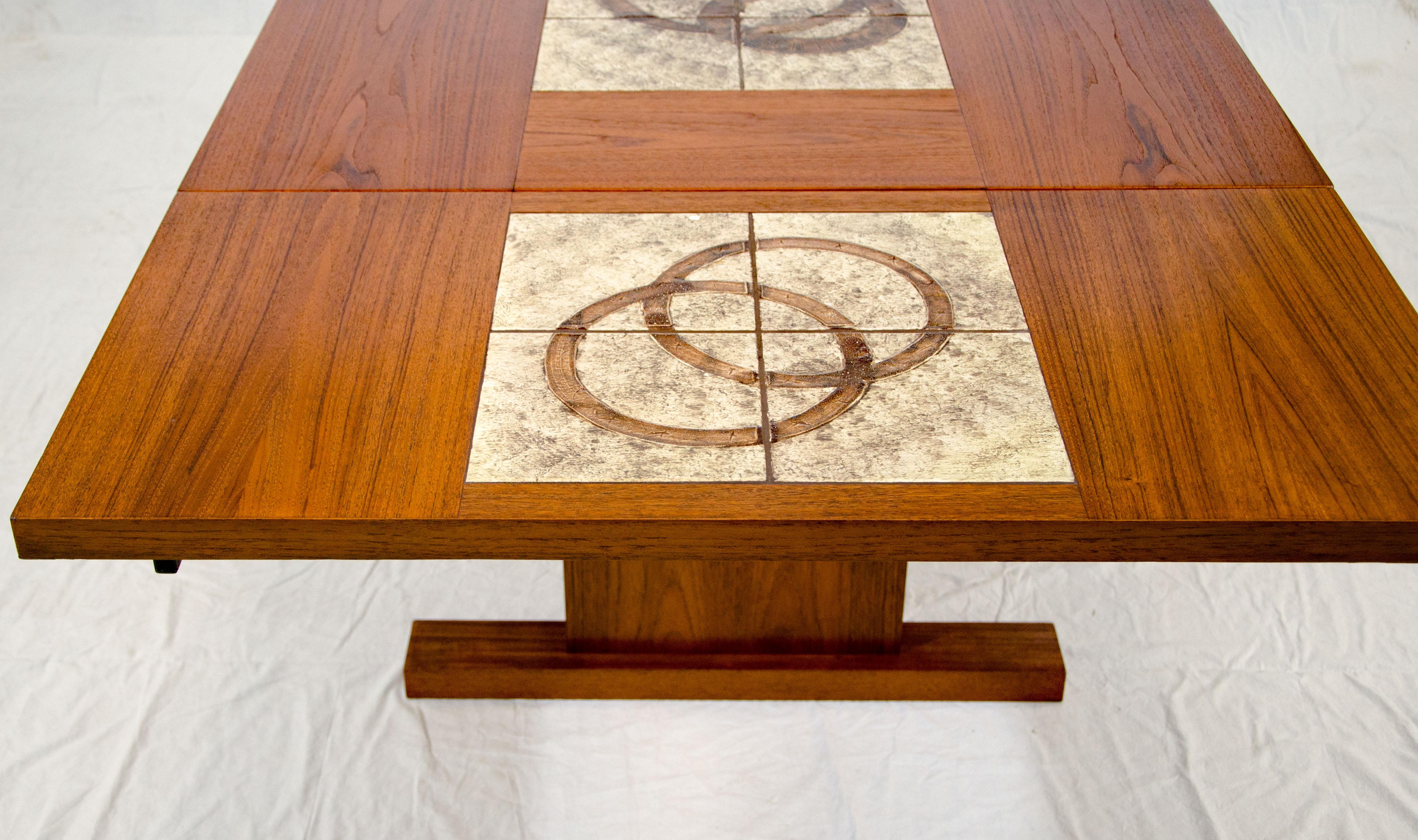 Danish Teak Dining Table with Tile Inserts and Two Extensions In Good Condition In Crockett, CA