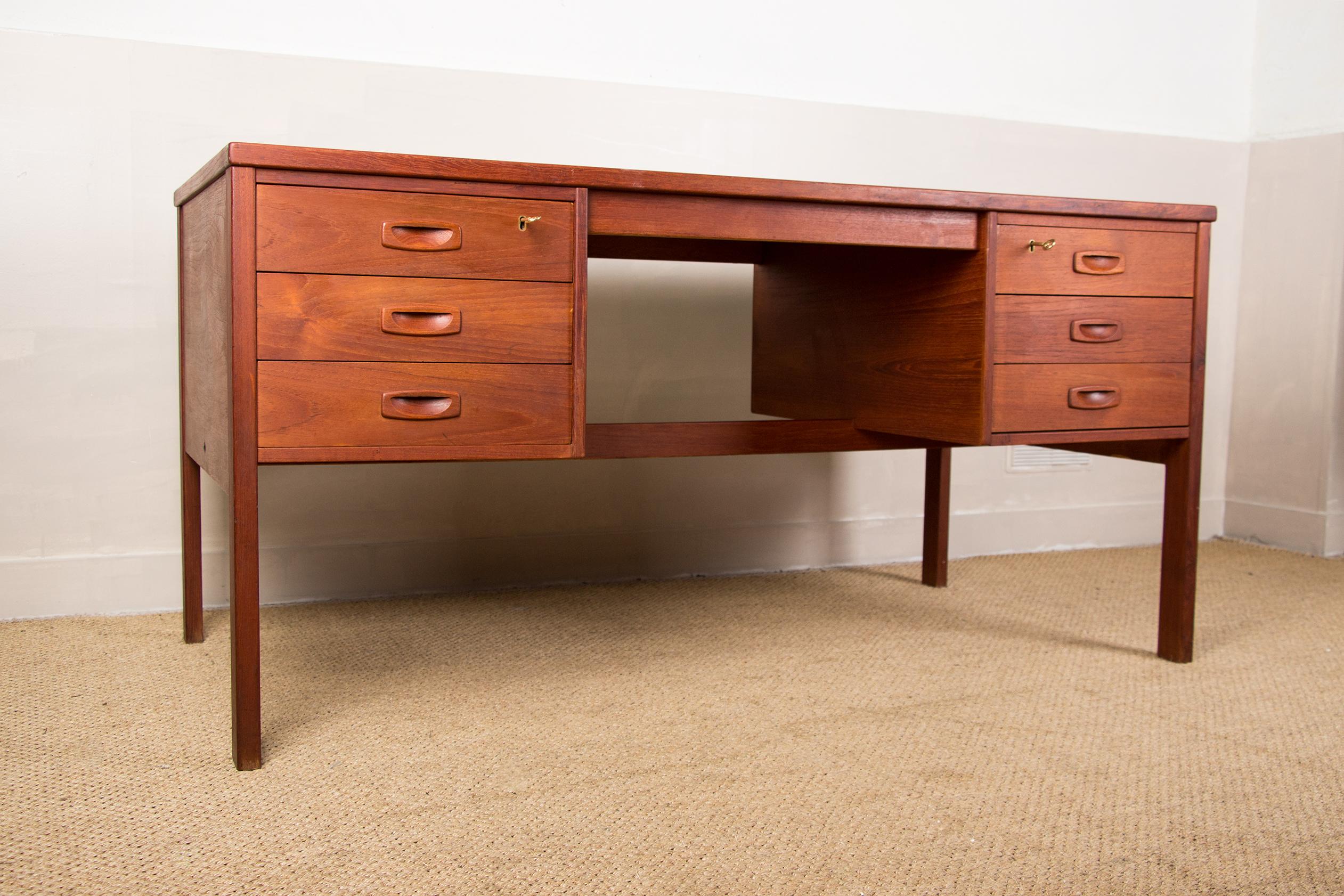 Mid-20th Century Danish Teak Double Sided Desk with 6 Drawers, 1960s, Modernist Design