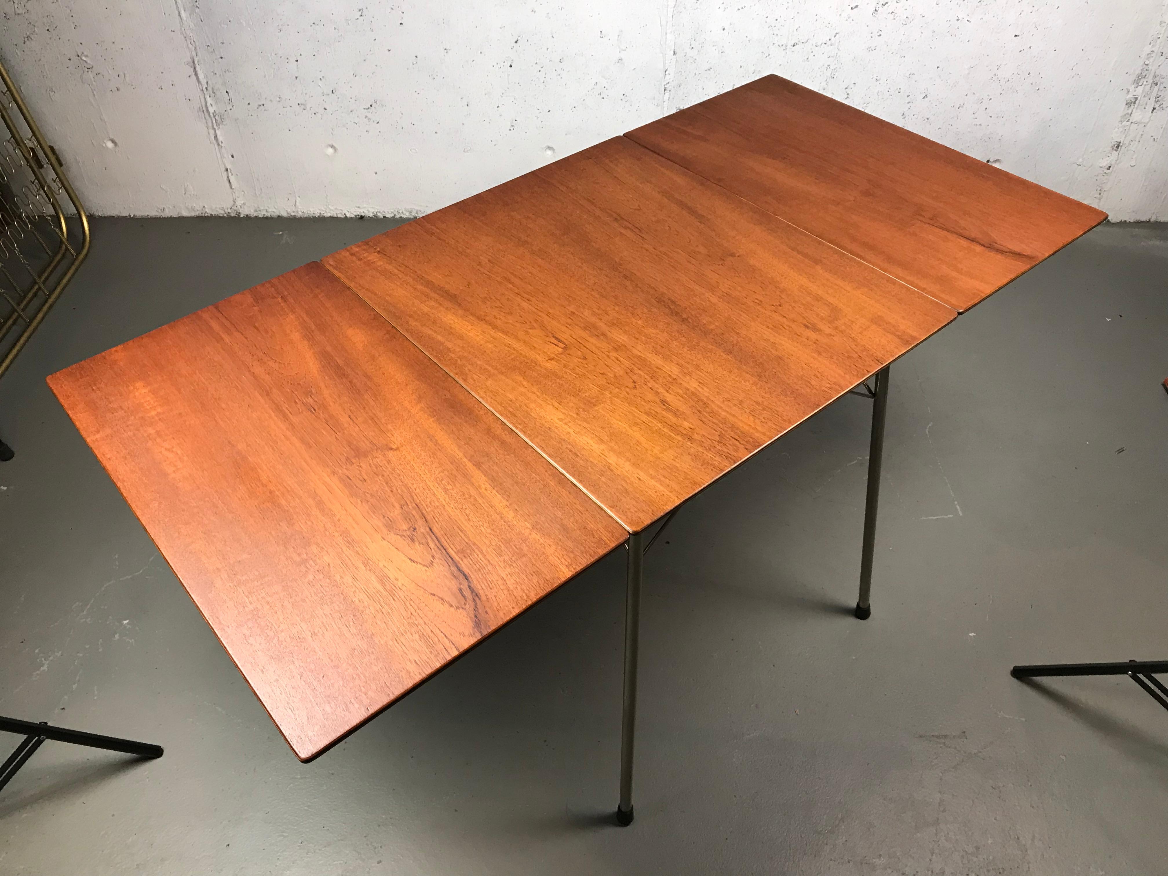 Metal Danish Teak Drop-Leaf Dining Table by Arne Jacobsen for Fritz Hansen Model 3601