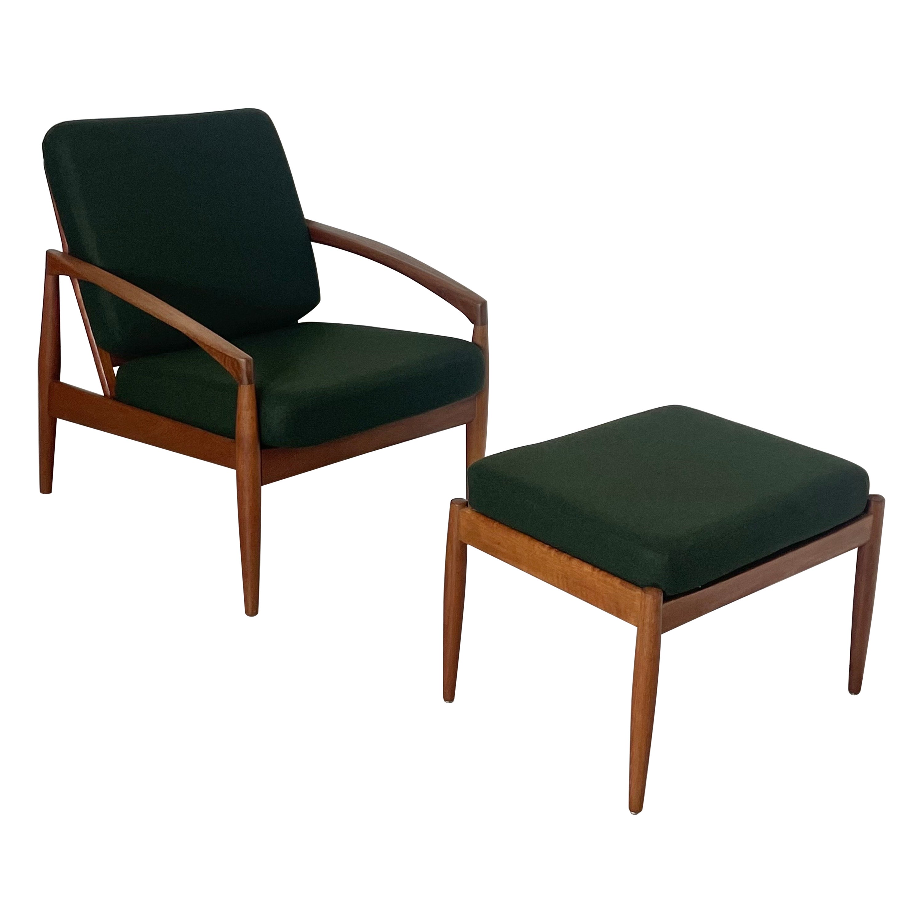 Danish Teak Easy Chair with Ottoman by Kai Kristiansen Model Paper Knife 50s For Sale