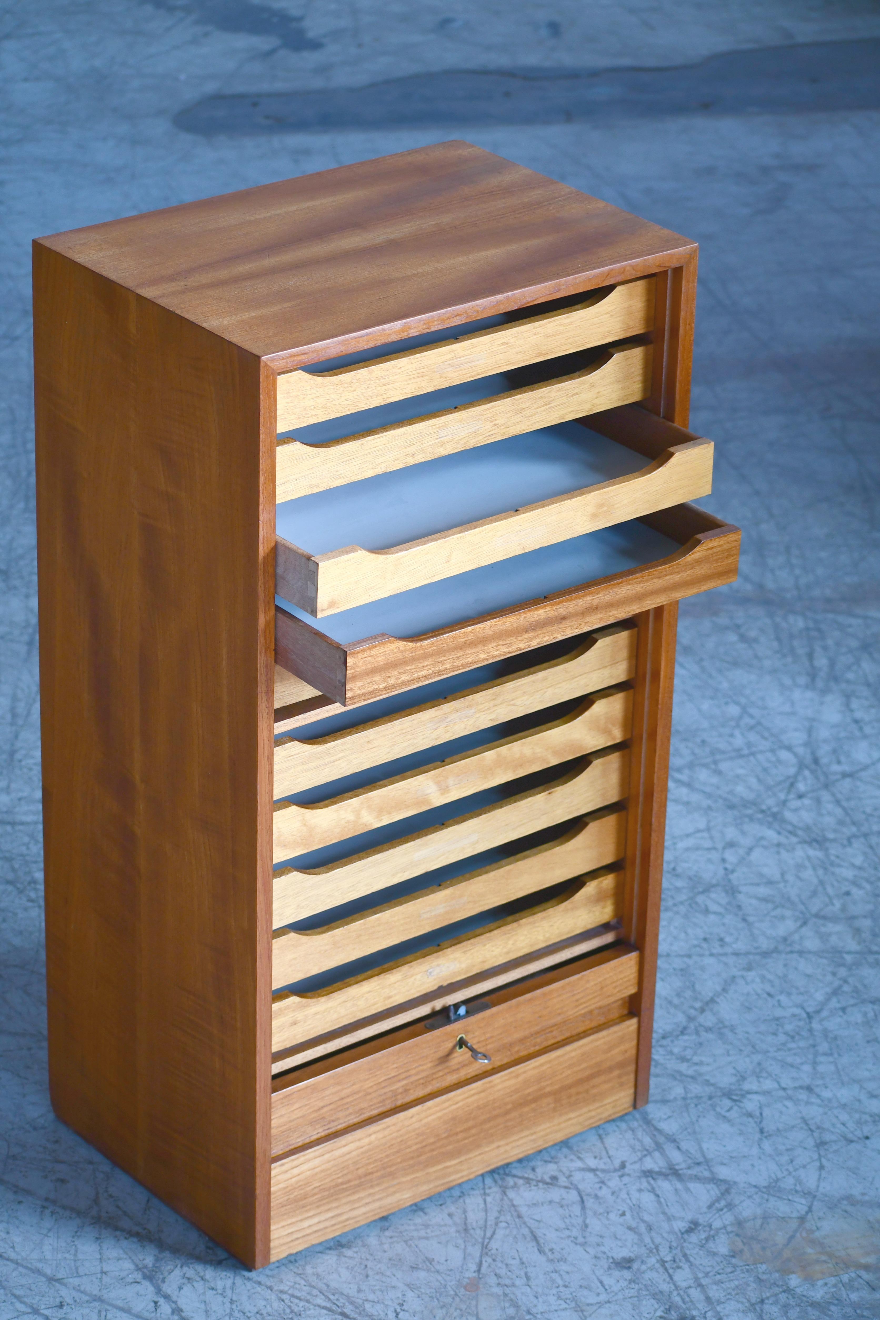 Mid-20th Century Danish Teak File Cabinet with Lockable Tambour Pull-Up Front, 1950s