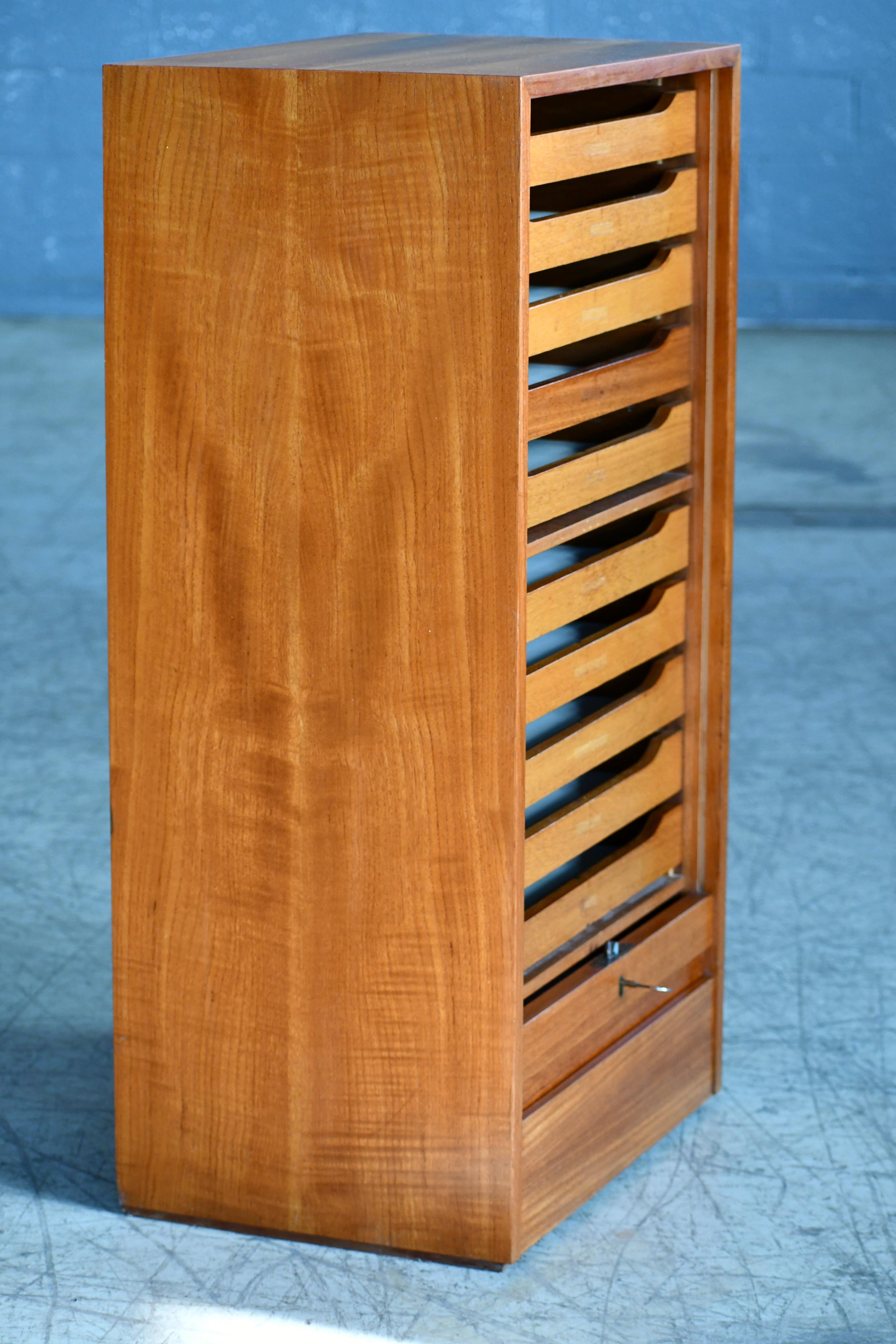 Danish Teak File Cabinet with Lockable Tambour Pull-Up Front, 1950s 3
