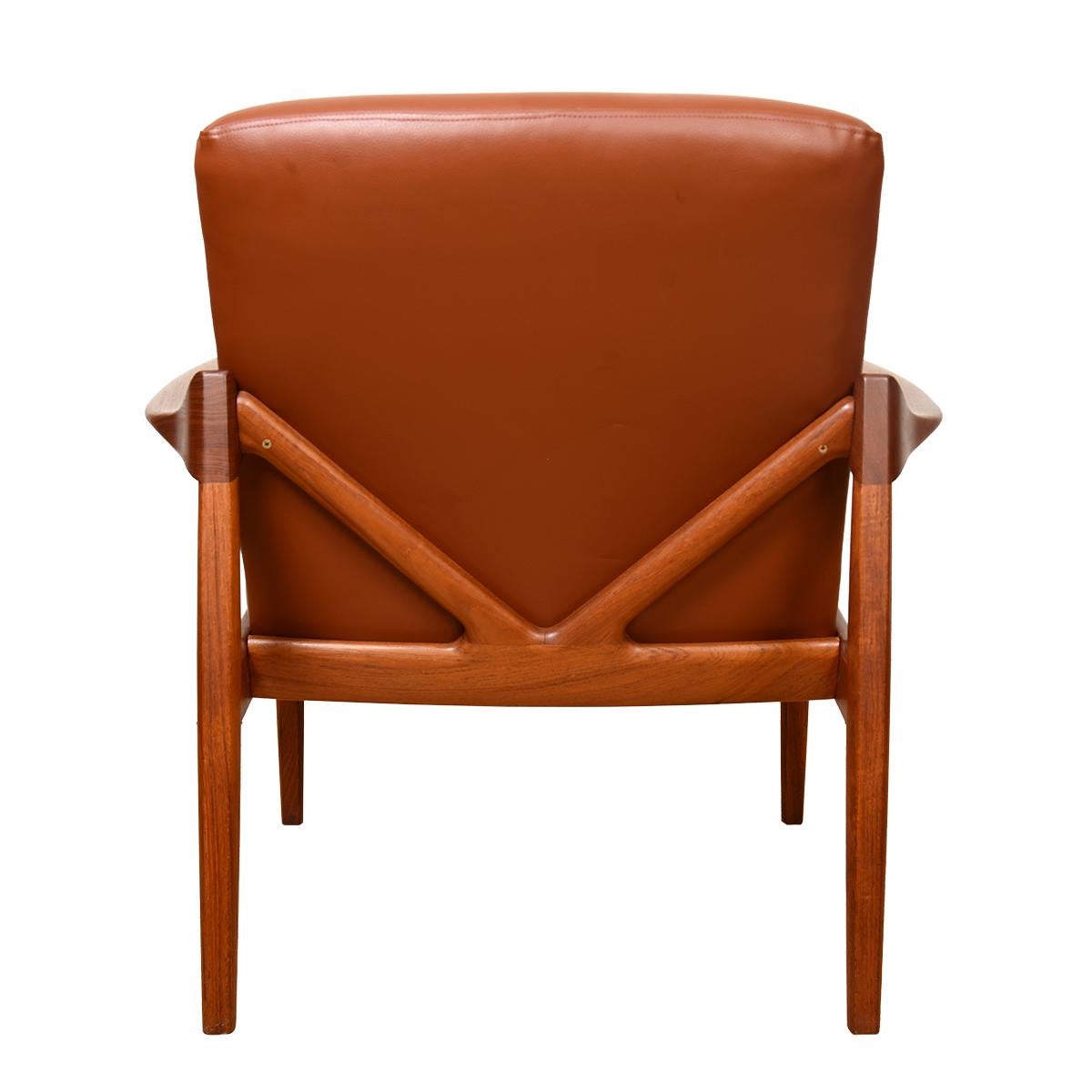 Mid-Century Modern Danish Teak Frame + Leather Cushions Lounge Chair by Tove & Edvard Kindt-Larsen