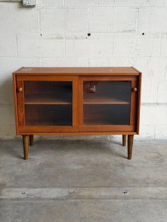 Vintage Danish Teak Display Cabinet with Sliding Glass Doors 1960s