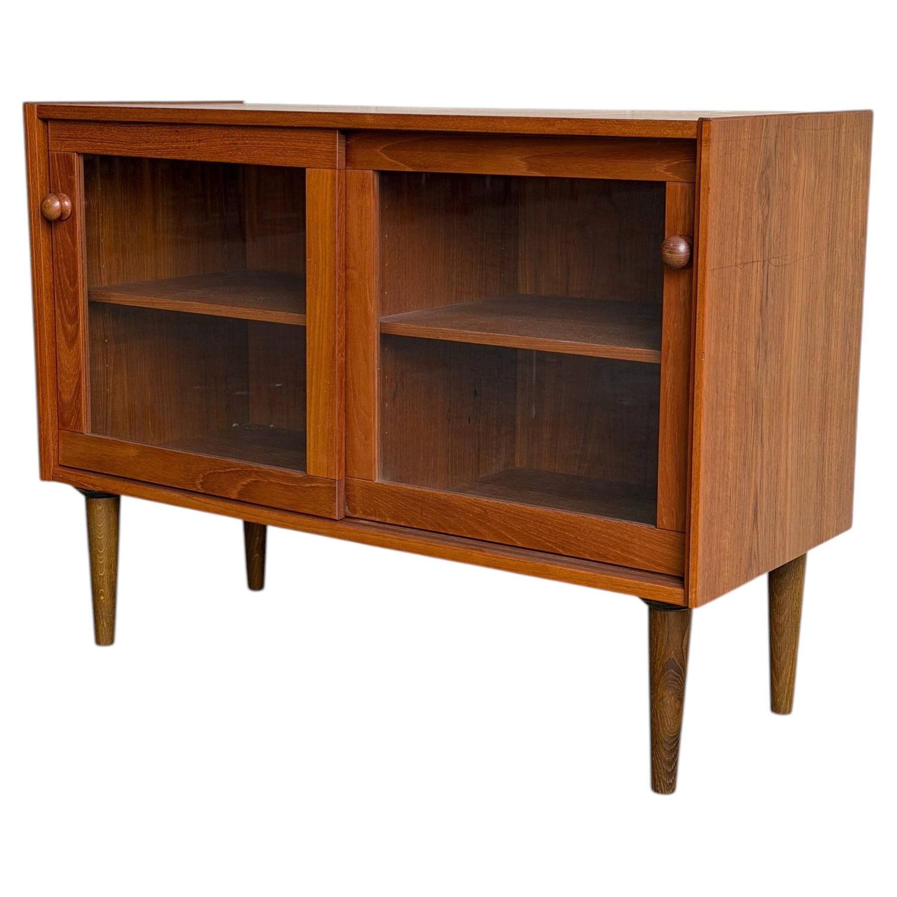Vintage Danish Teak Display Cabinet with Sliding Glass Doors 1960s