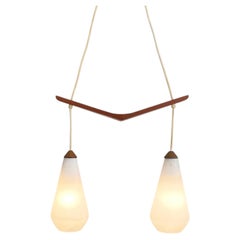 Danish Teak Hanging Pendant Lights, White Opaline Glass Drops, 1960s