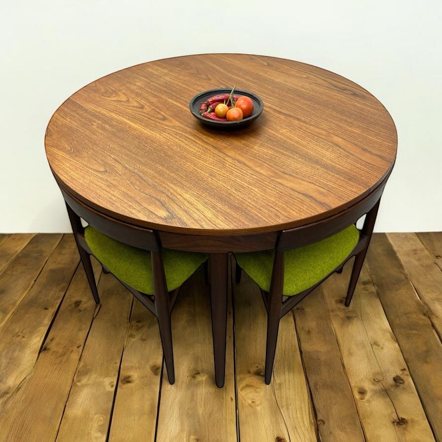 Wool Danish Teak Hans Olsen Extending Dining Table & Chairs Frem Rojle For Sale