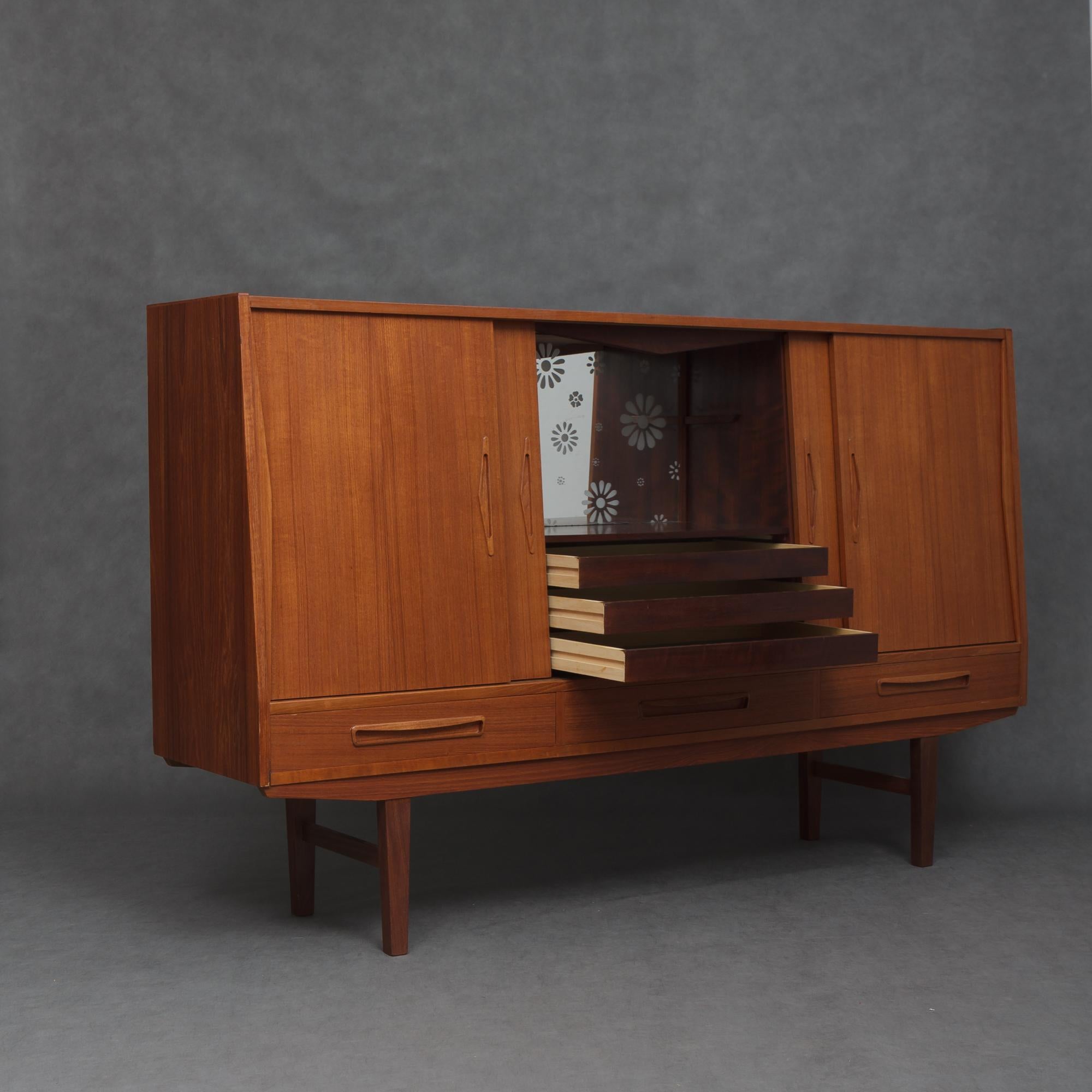 Mid-20th Century Danish Teak Highboard with a Lighted Bar from 1960s For Sale