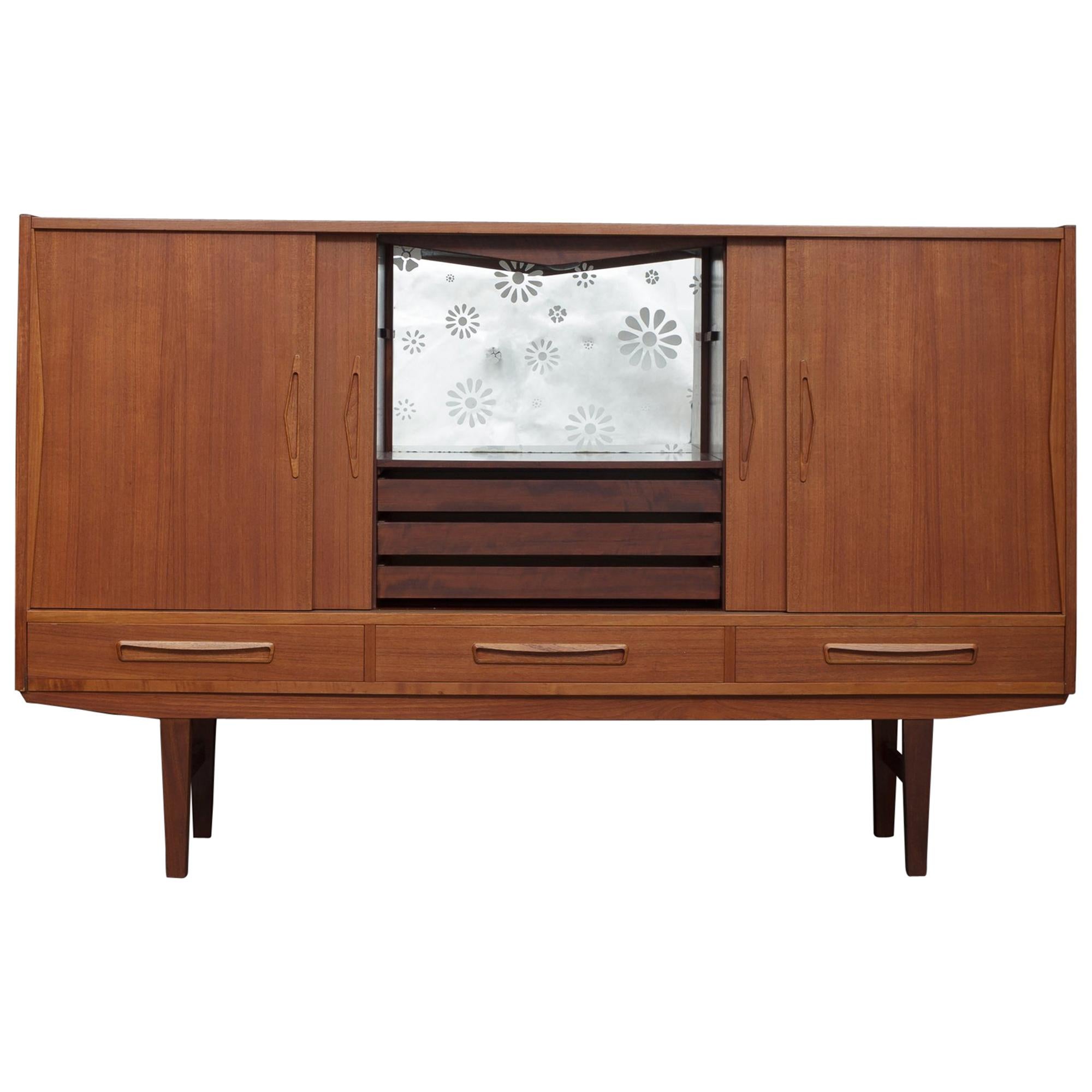 Danish Teak Highboard with a Lighted Bar from 1960s For Sale