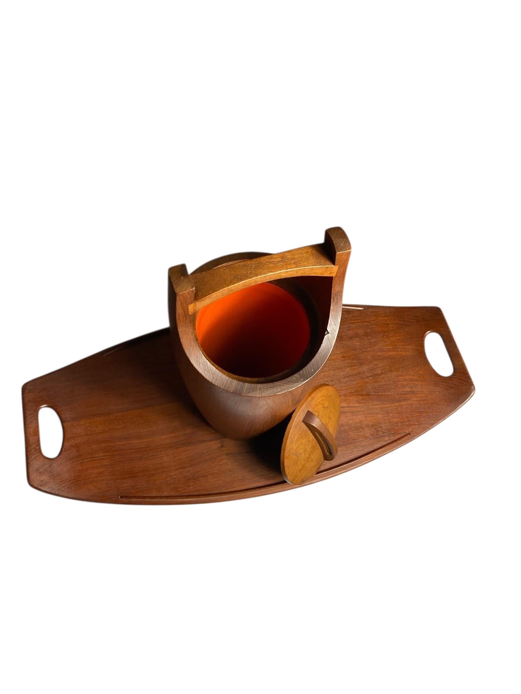 Hand-Crafted Danish Teak Ice Bucket and Tray by Jens Quistgaard for Dansk Designs Mid Century For Sale