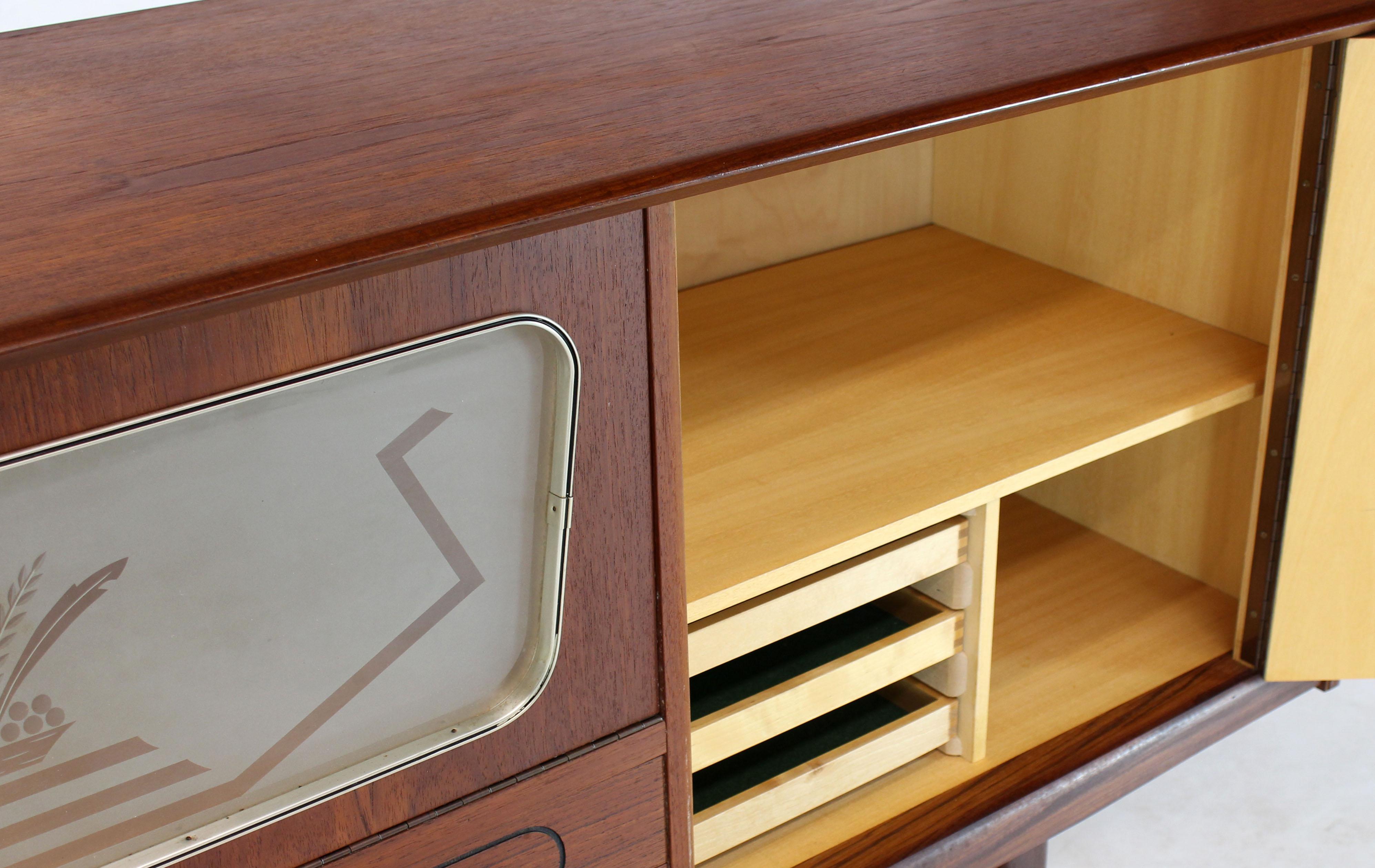 Danish Teak Long Sideboard Credenza with Art Deco Style Etched Glass Insert 5