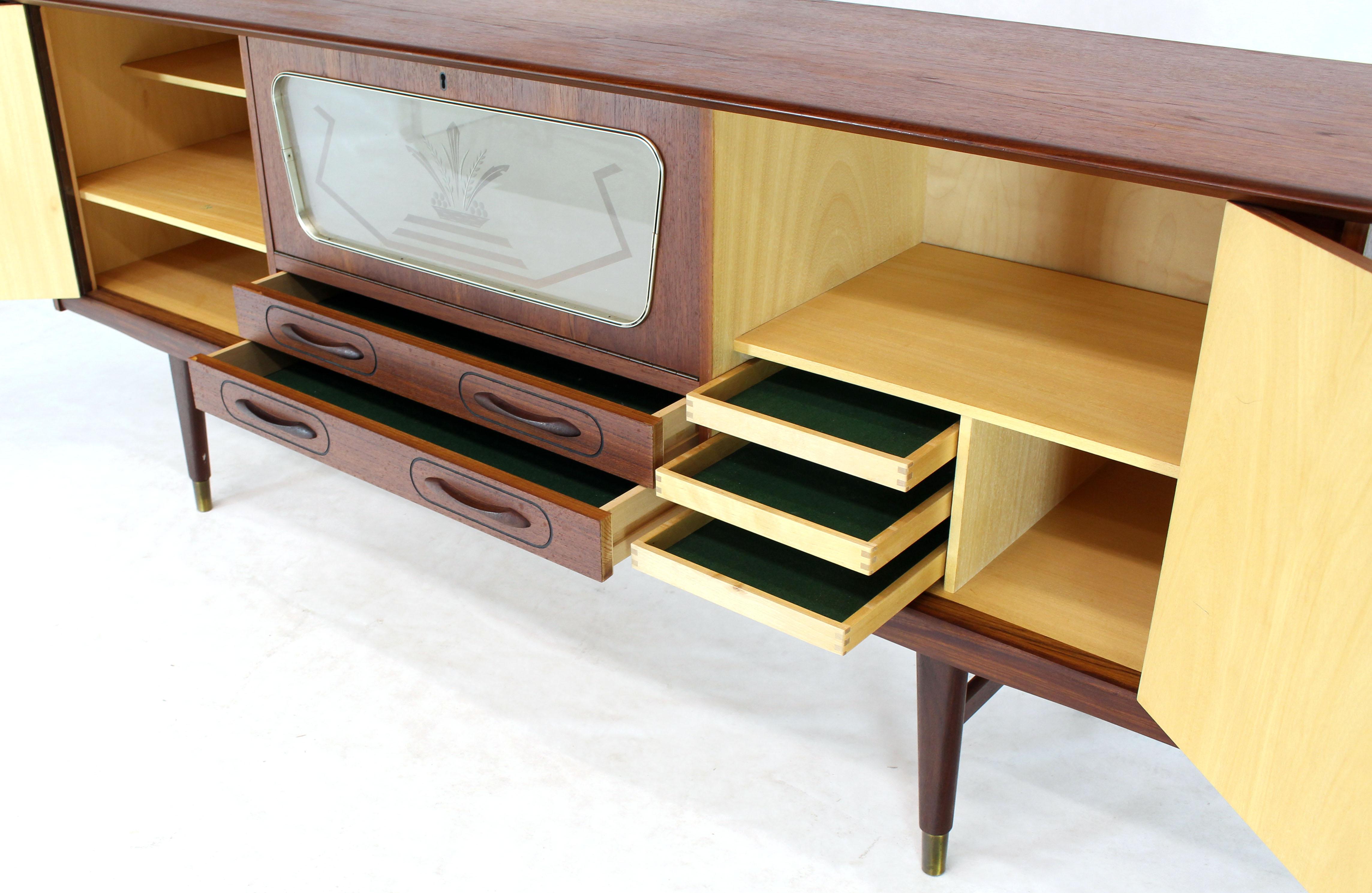 Mid-Century Modern Danish Teak Long Sideboard Credenza with Art Deco Style Etched Glass Insert