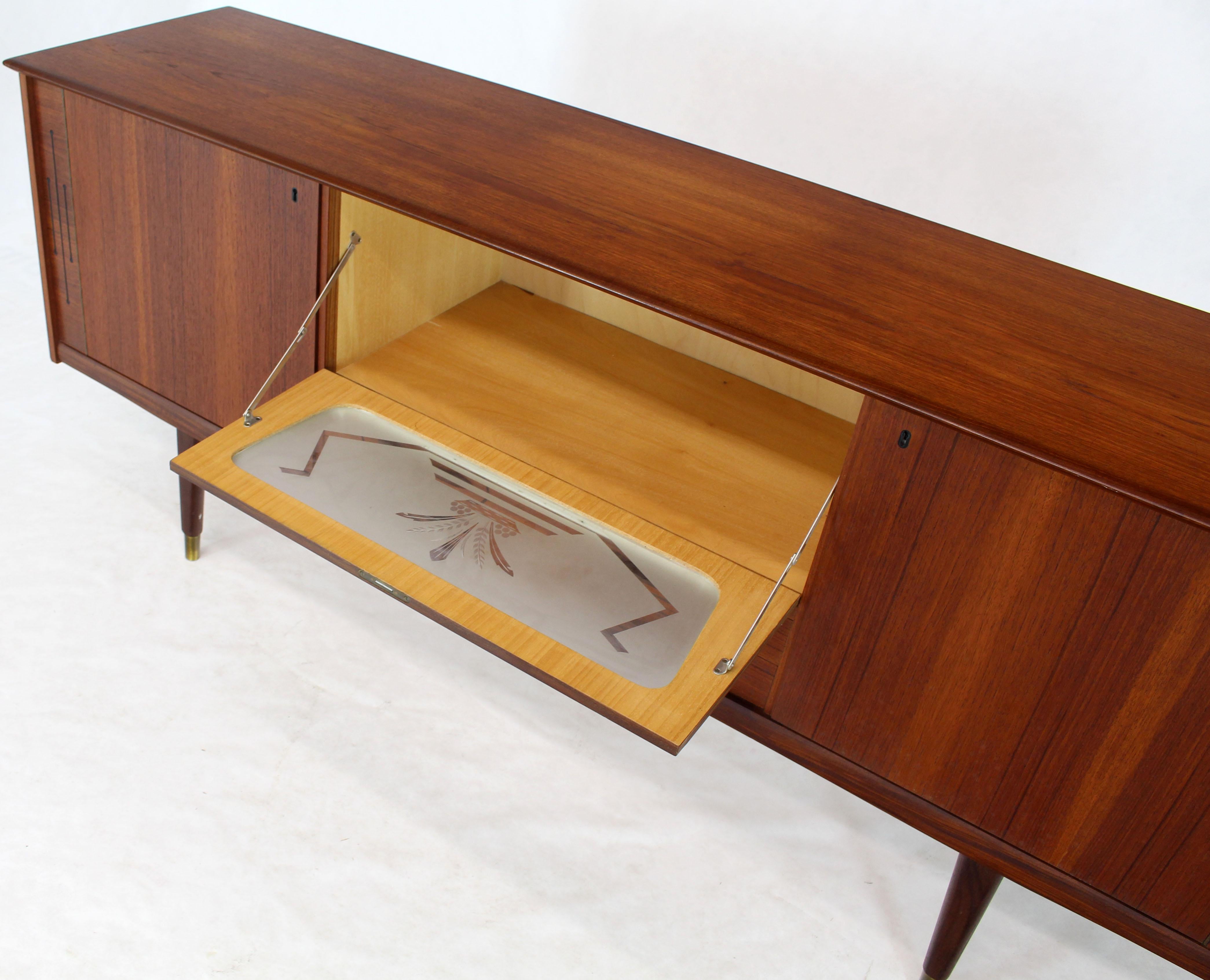 Lacquered Danish Teak Long Sideboard Credenza with Art Deco Style Etched Glass Insert