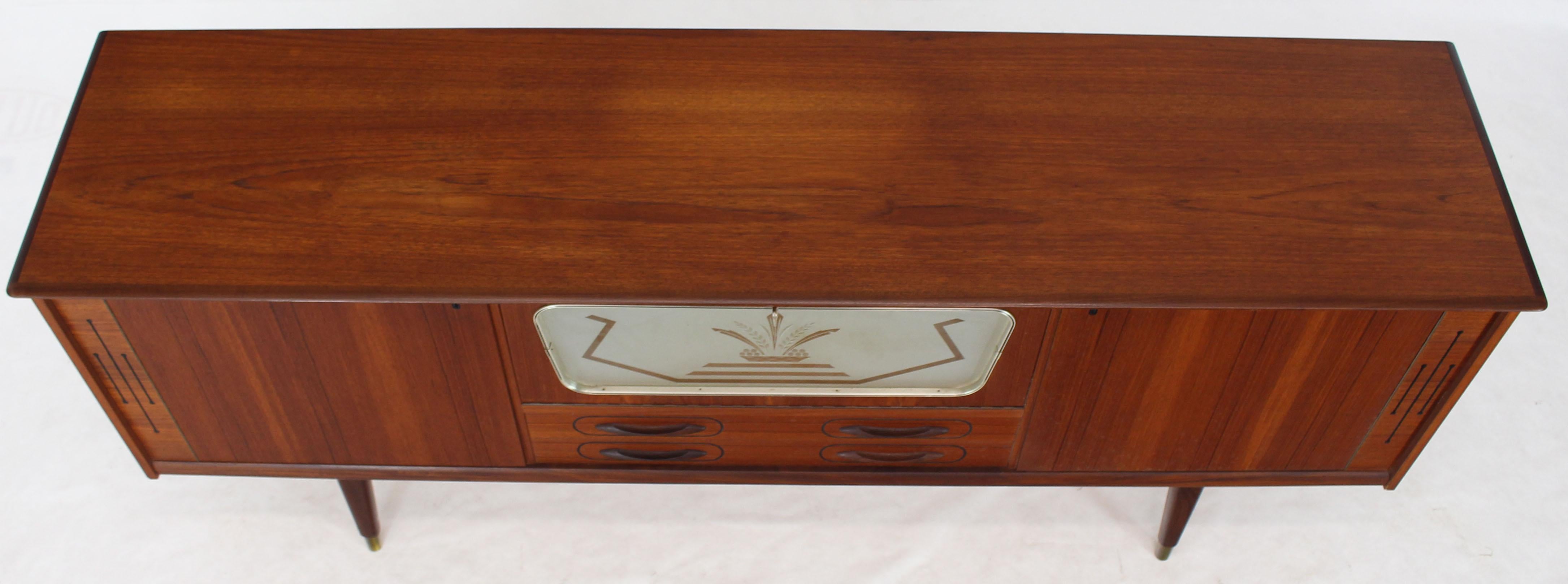 20th Century Danish Teak Long Sideboard Credenza with Art Deco Style Etched Glass Insert