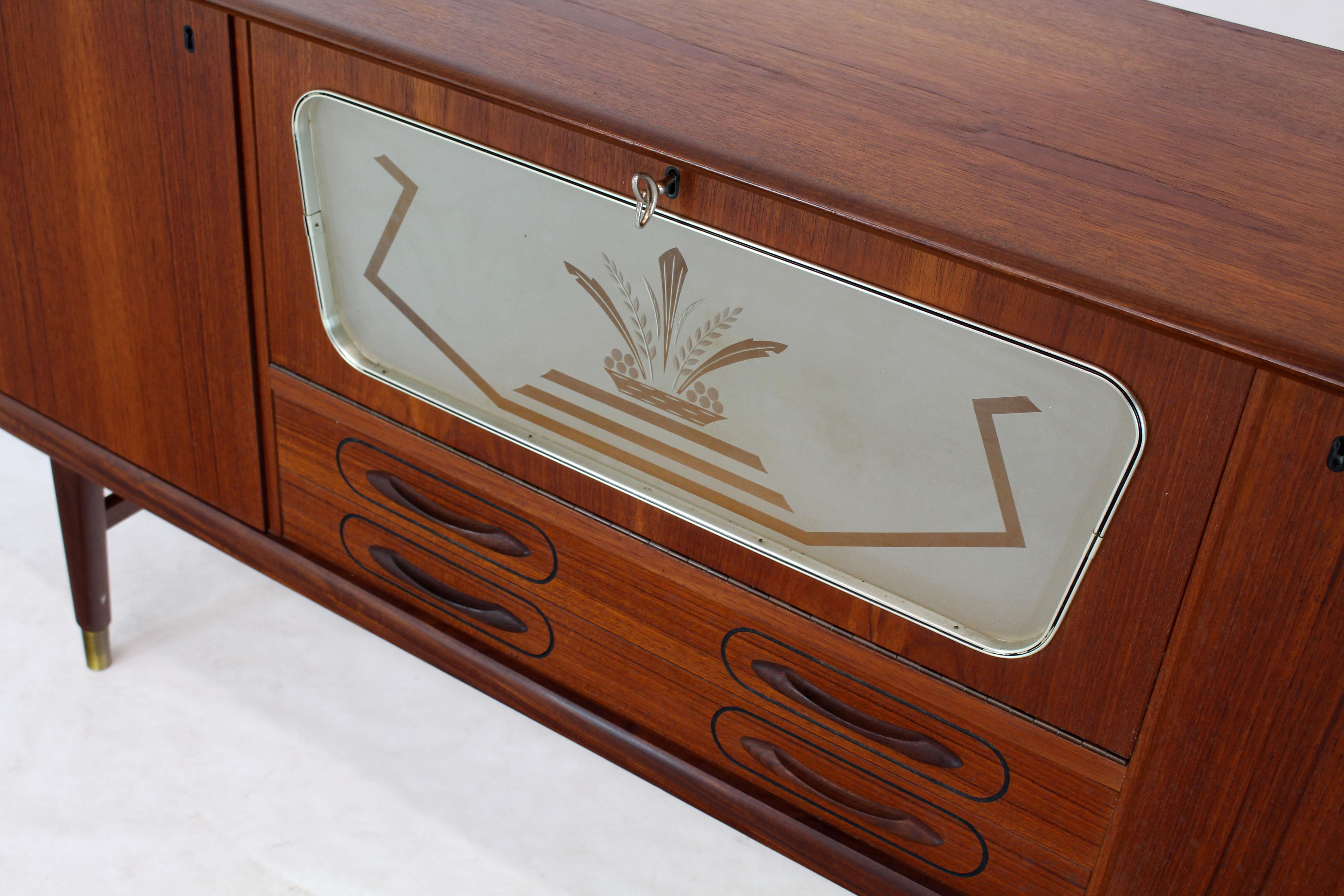 Danish Teak Long Sideboard Credenza with Art Deco Style Etched Glass Insert 1