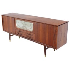 Danish Teak Long Sideboard Credenza with Art Deco Style Etched Glass Insert