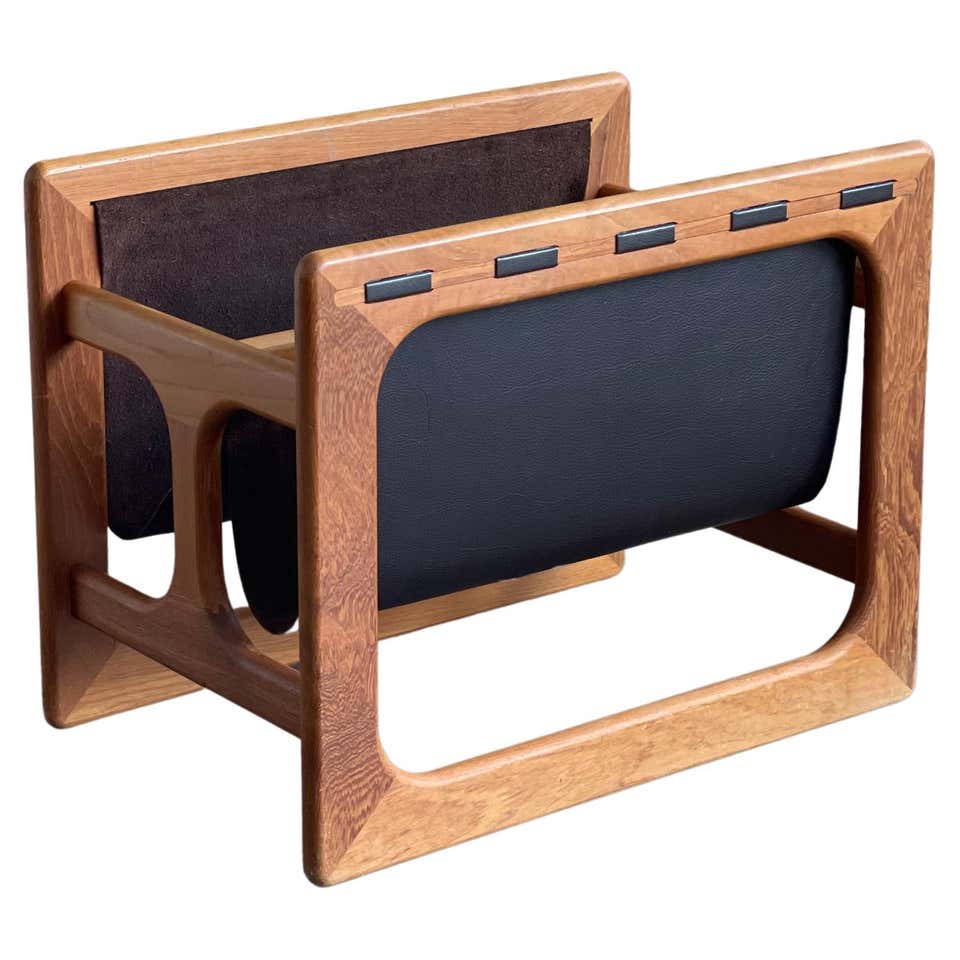 Danish Modern Leather and Teak Sculpted Double Magazine Rack For Sale ...