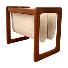 Danish teak magazine rack with natural linen