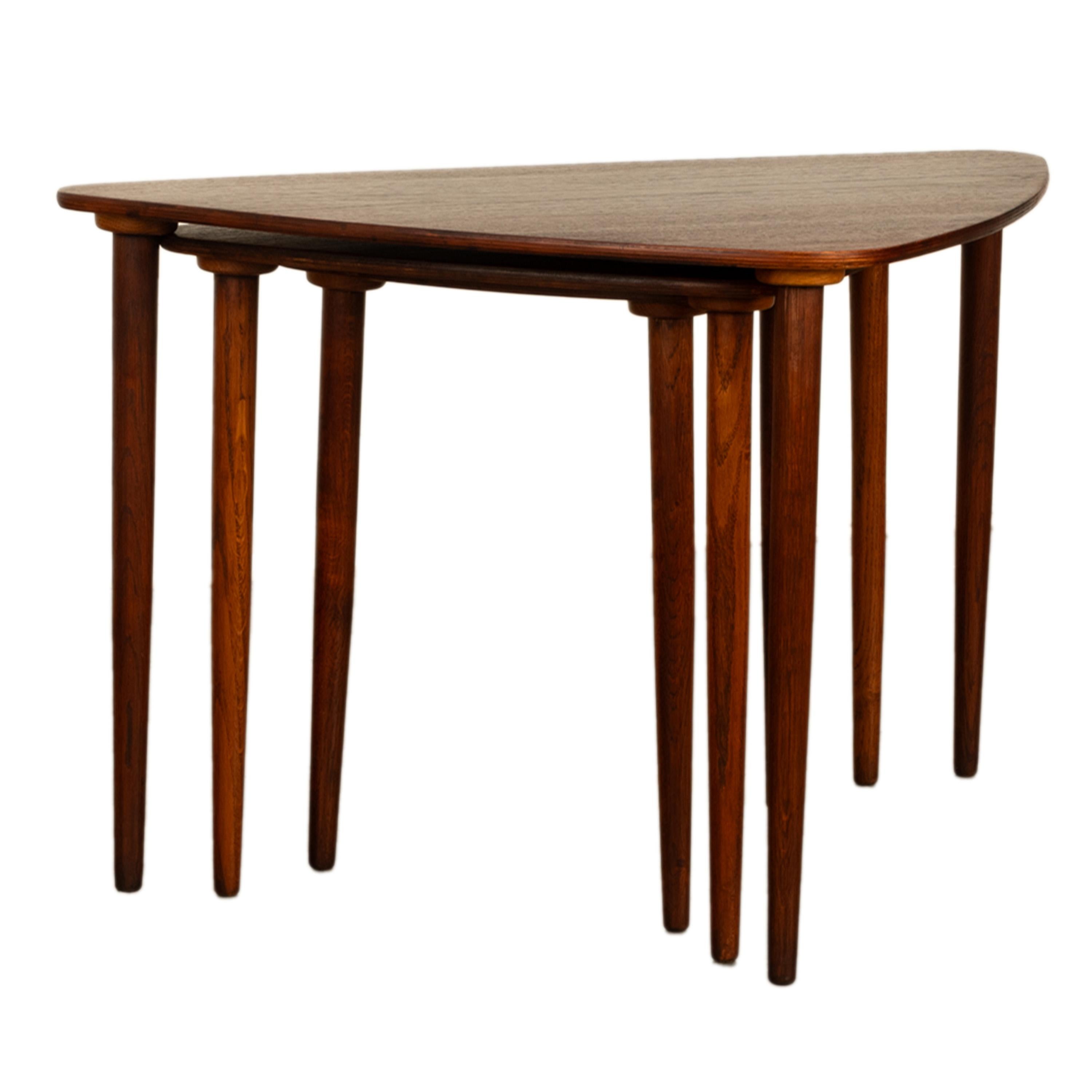 Danish Teak Mid Century Modern Guitar Pick Set 3 Nesting Tables Mogens Kold 1960 For Sale 9