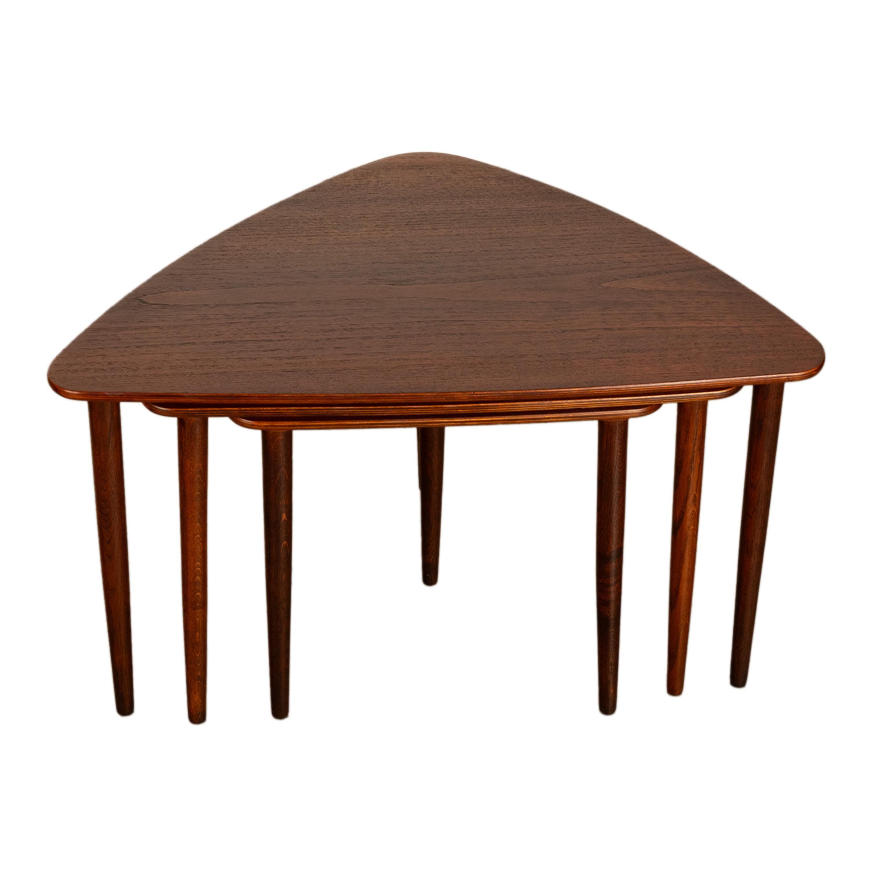 Danish Teak Mid Century Modern Guitar Pick Set 3 Nesting Tables Mogens Kold 1960 For Sale 11