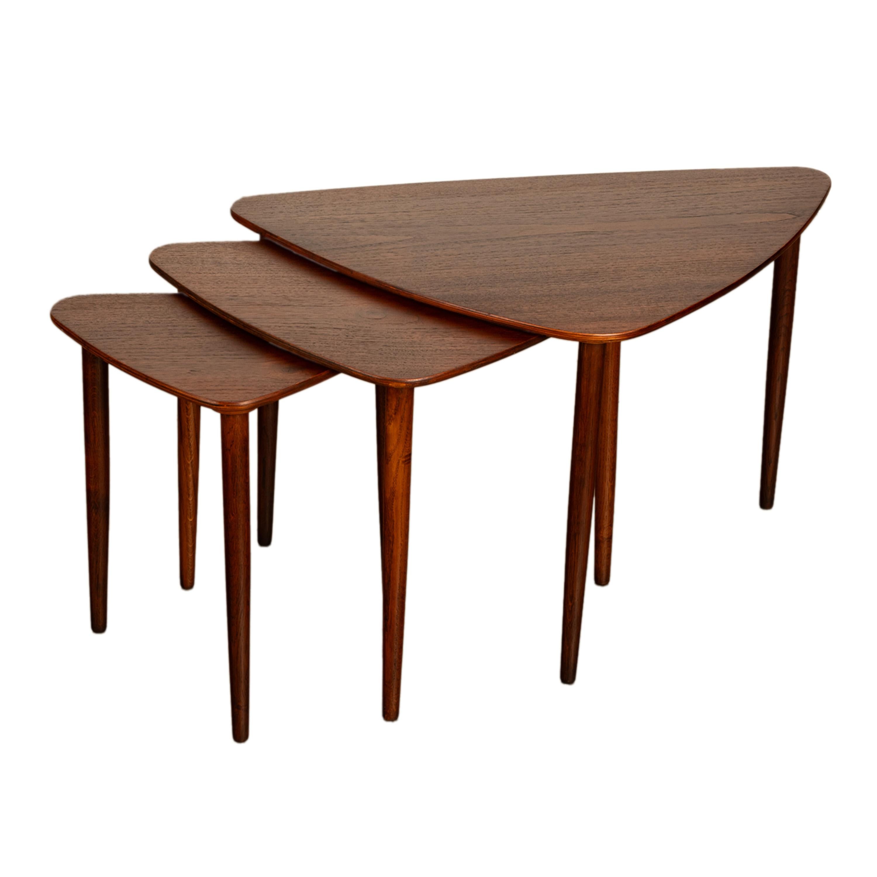 Mid-Century Modern Danish Teak Mid Century Modern Guitar Pick Set 3 Nesting Tables Mogens Kold 1960 For Sale
