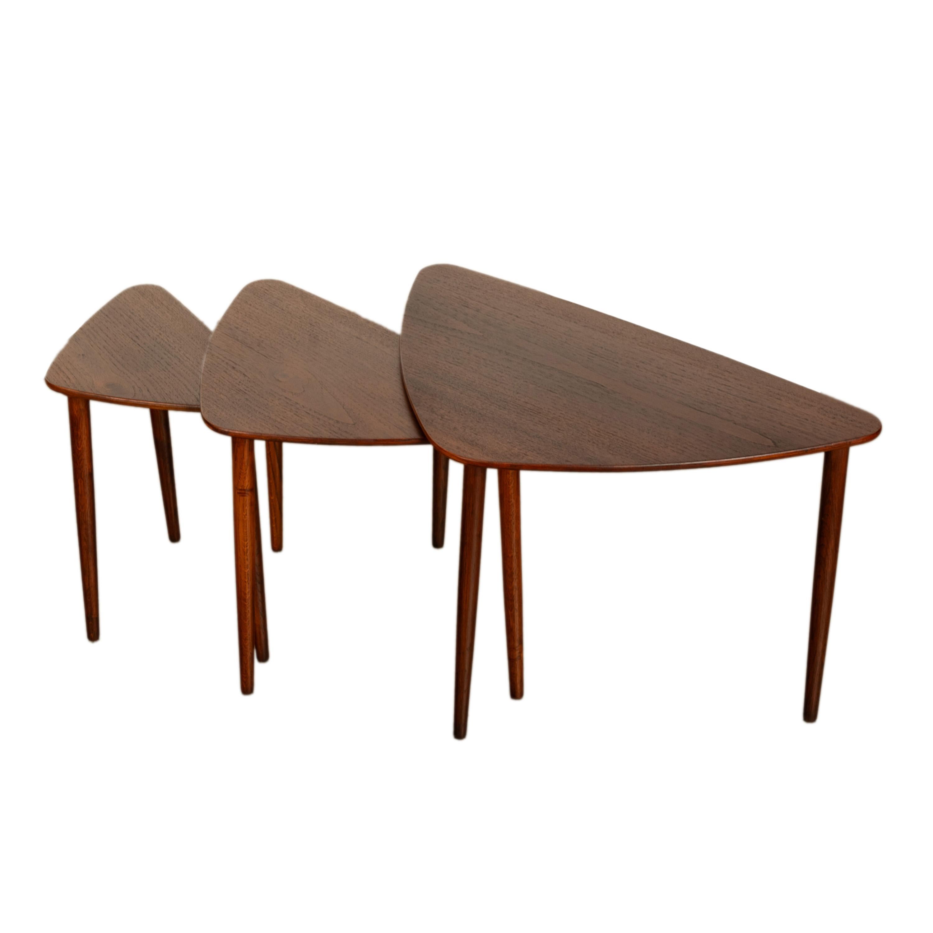 Danish Teak Mid Century Modern Guitar Pick Set 3 Nesting Tables Mogens Kold 1960 For Sale 1