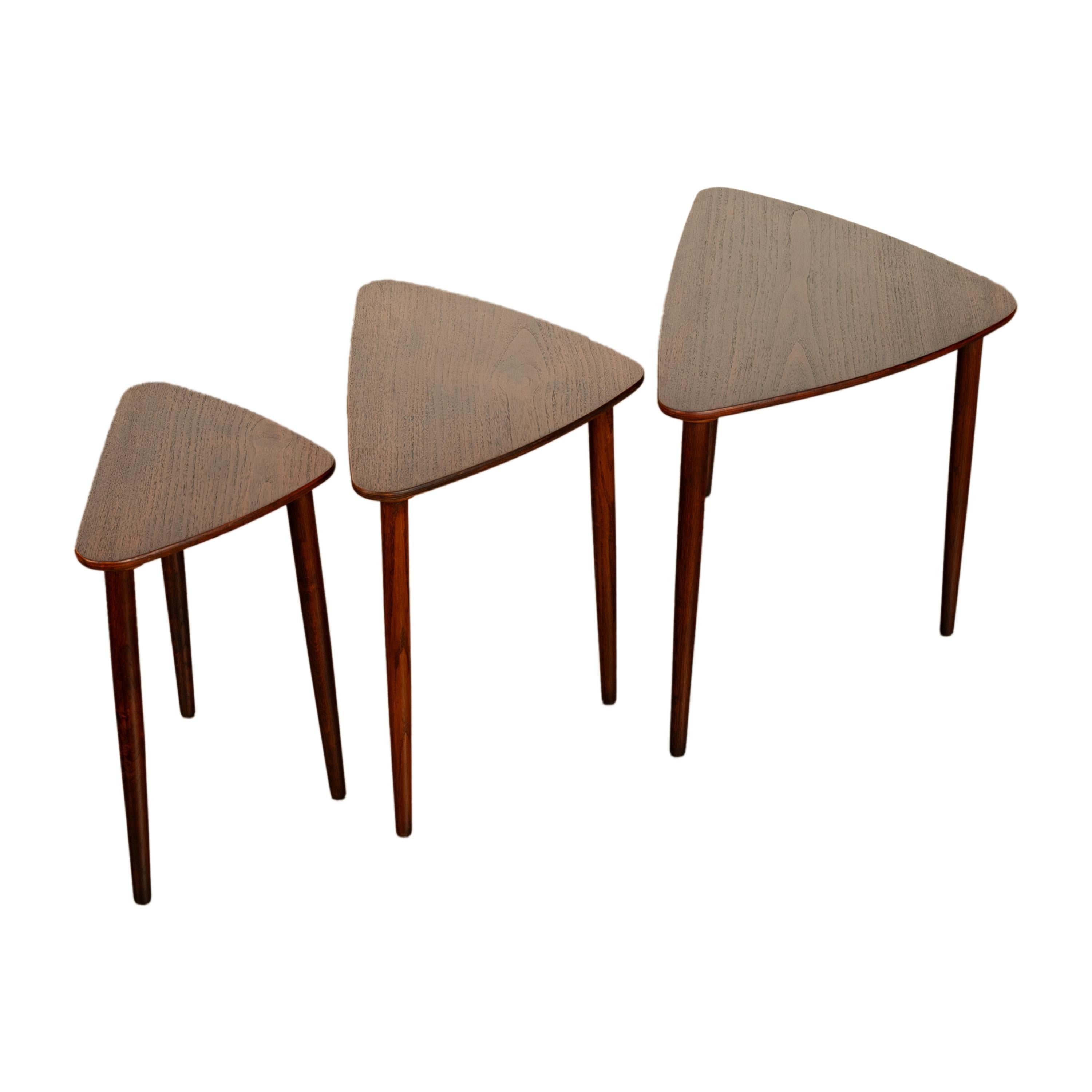 Danish Teak Mid Century Modern Guitar Pick Set 3 Nesting Tables Mogens Kold 1960 For Sale 4