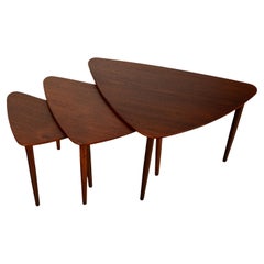 Danish Teak Mid Century Modern Guitar Pick Set 3 Nesting Tables Mogens Kold 1960