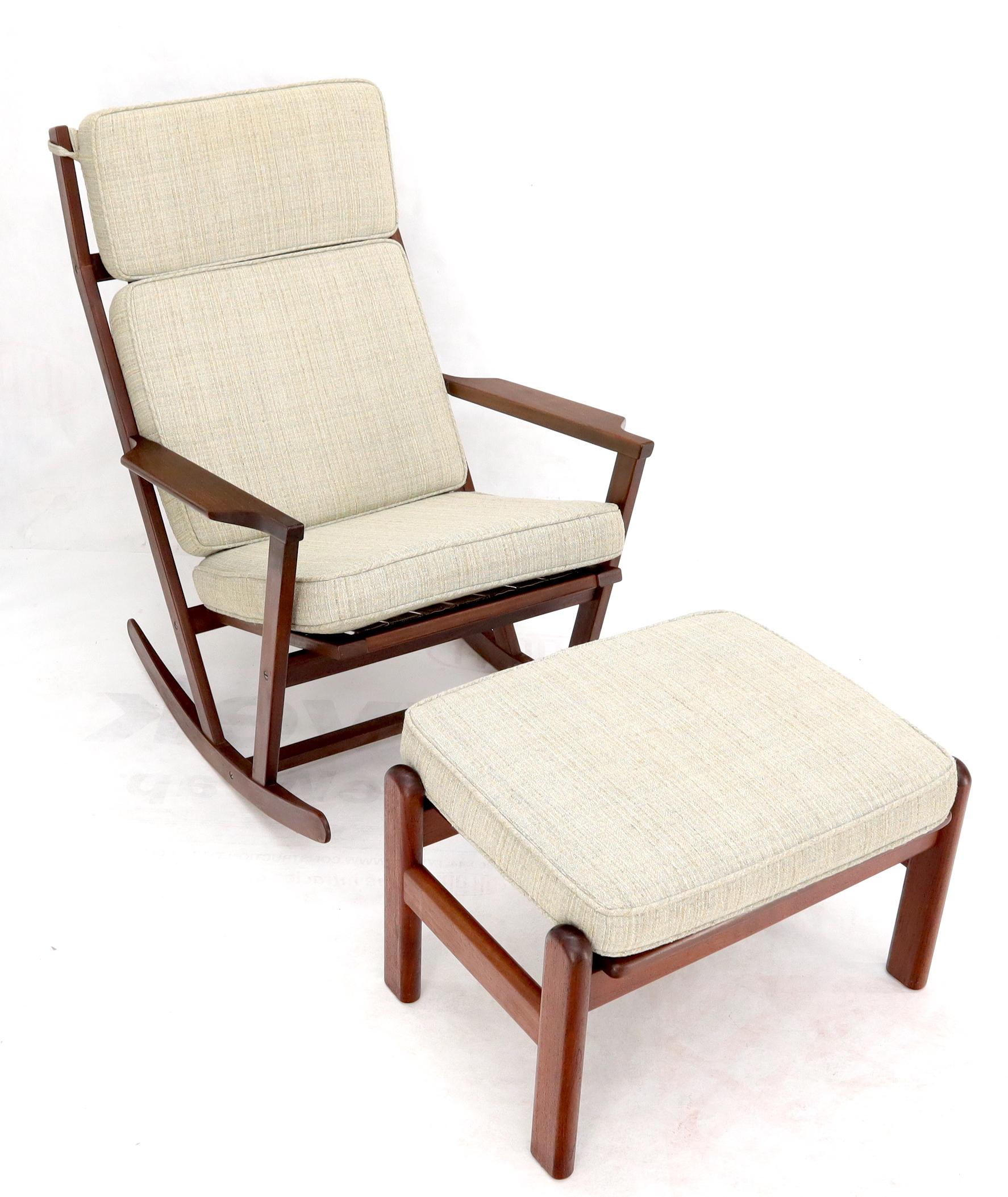 Danish Teak Mid-Century Modern Lounge Rocking Chair with Ottoman In Good Condition In Rockaway, NJ