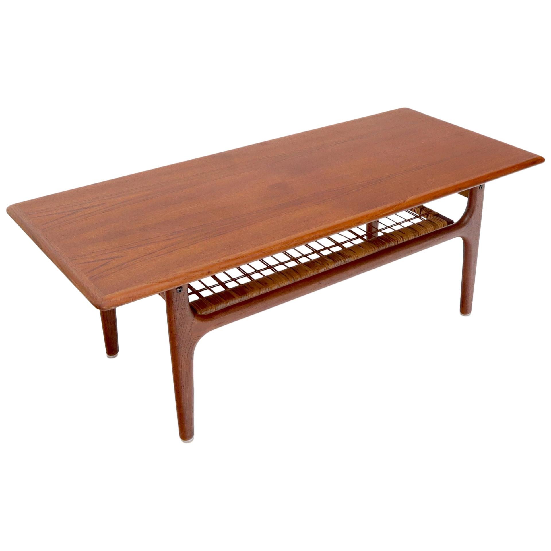 Danish Teak Mid-Century Modern Rectangular Coffee Table with Cane Shelf
